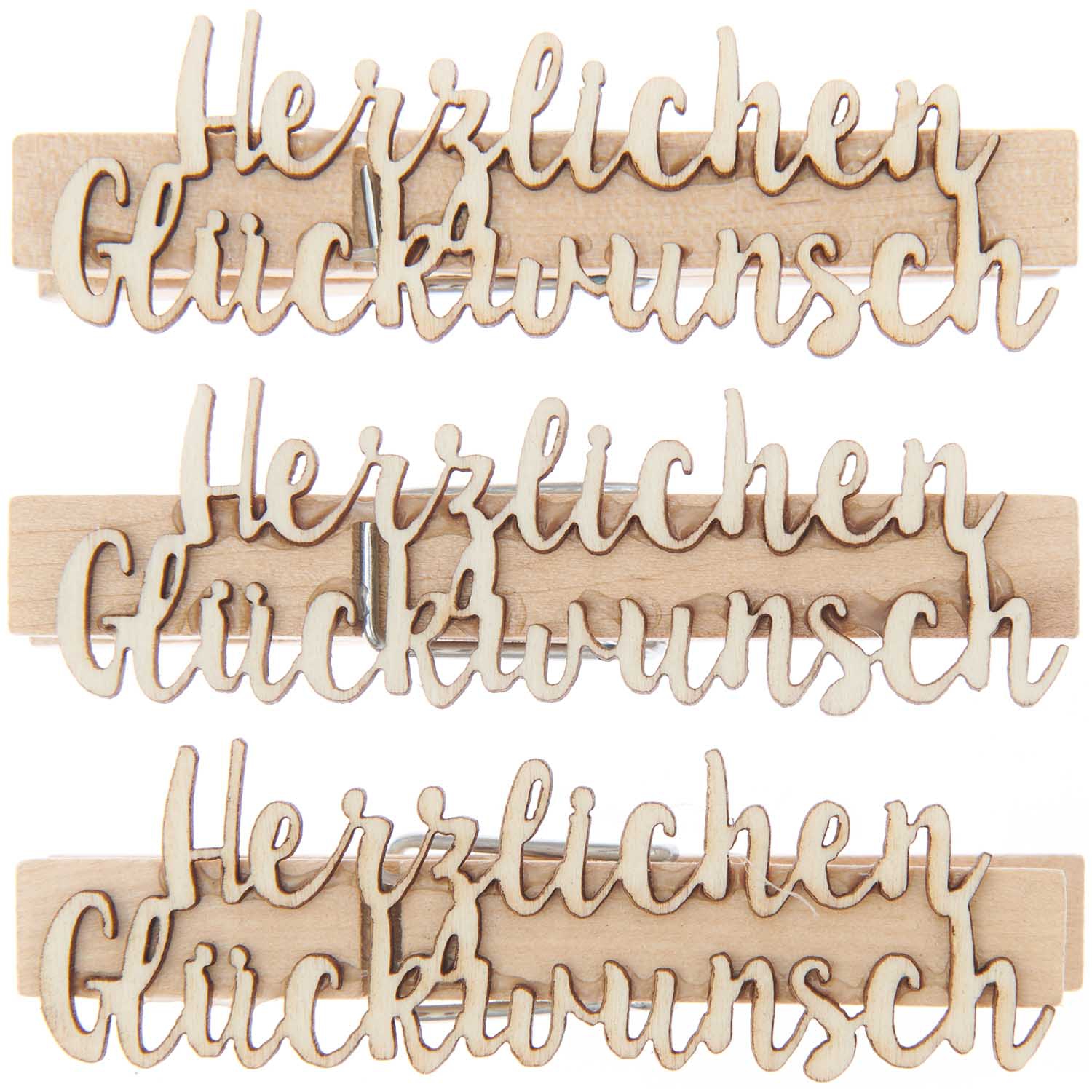 3 Holzklammern "Herzlichen Glückwunsch"