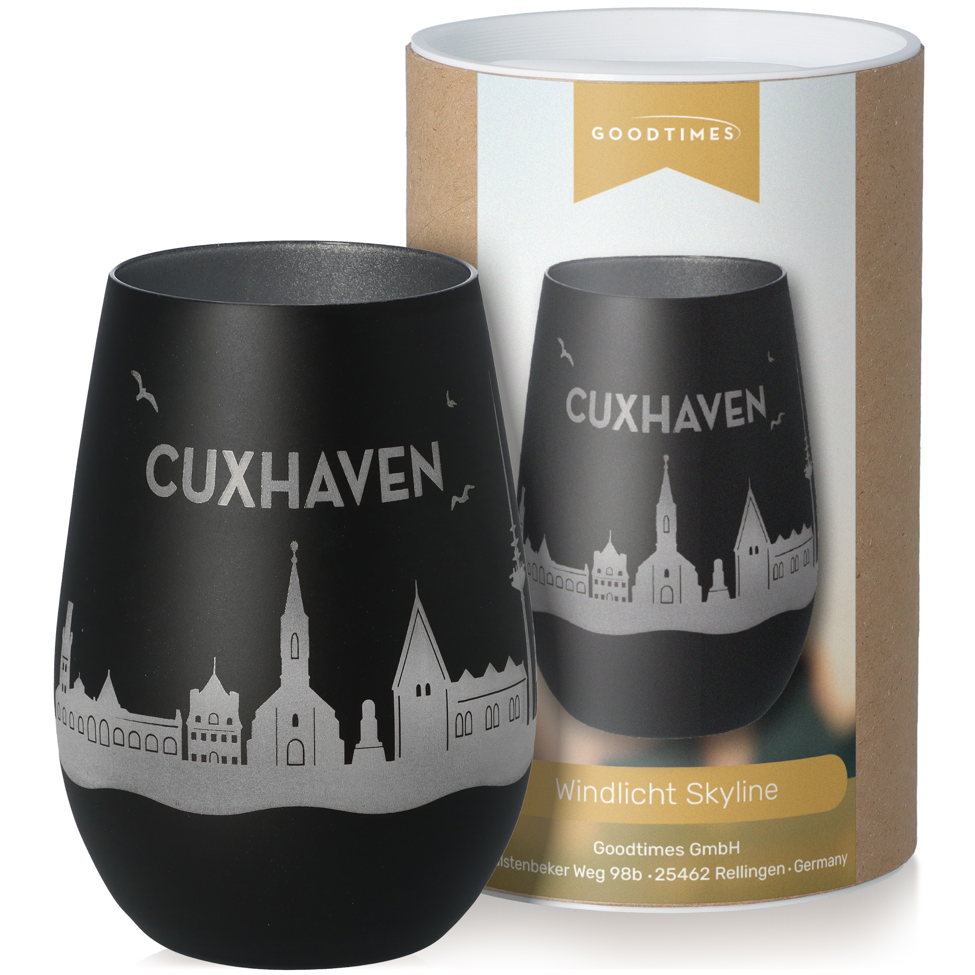 Windlicht Skyline Cuxhaven Schwarz/Silber Krug, Töpferei
