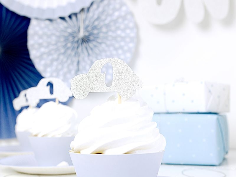 6 Cake Topper "Autos" zum 1. Geburtstag, silber 6 Cake Topper "Autos" zum 1. Geburtstag, silber