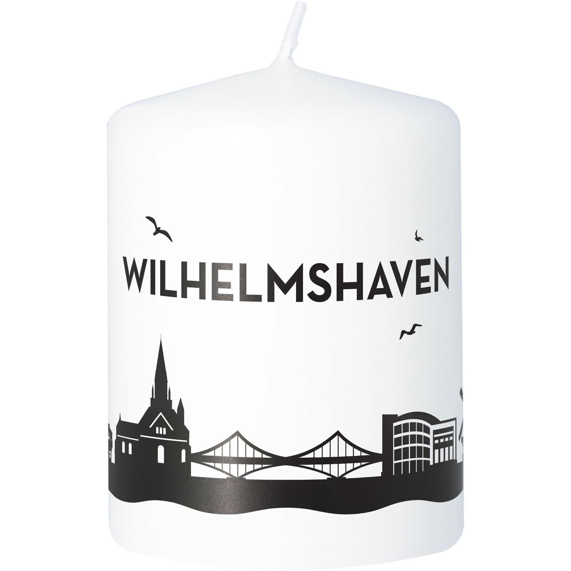 Stumpenkerze Skyline Wilhelmshaven Weiß Stumpenkerze Skyline Wilhelmshaven Weiß
