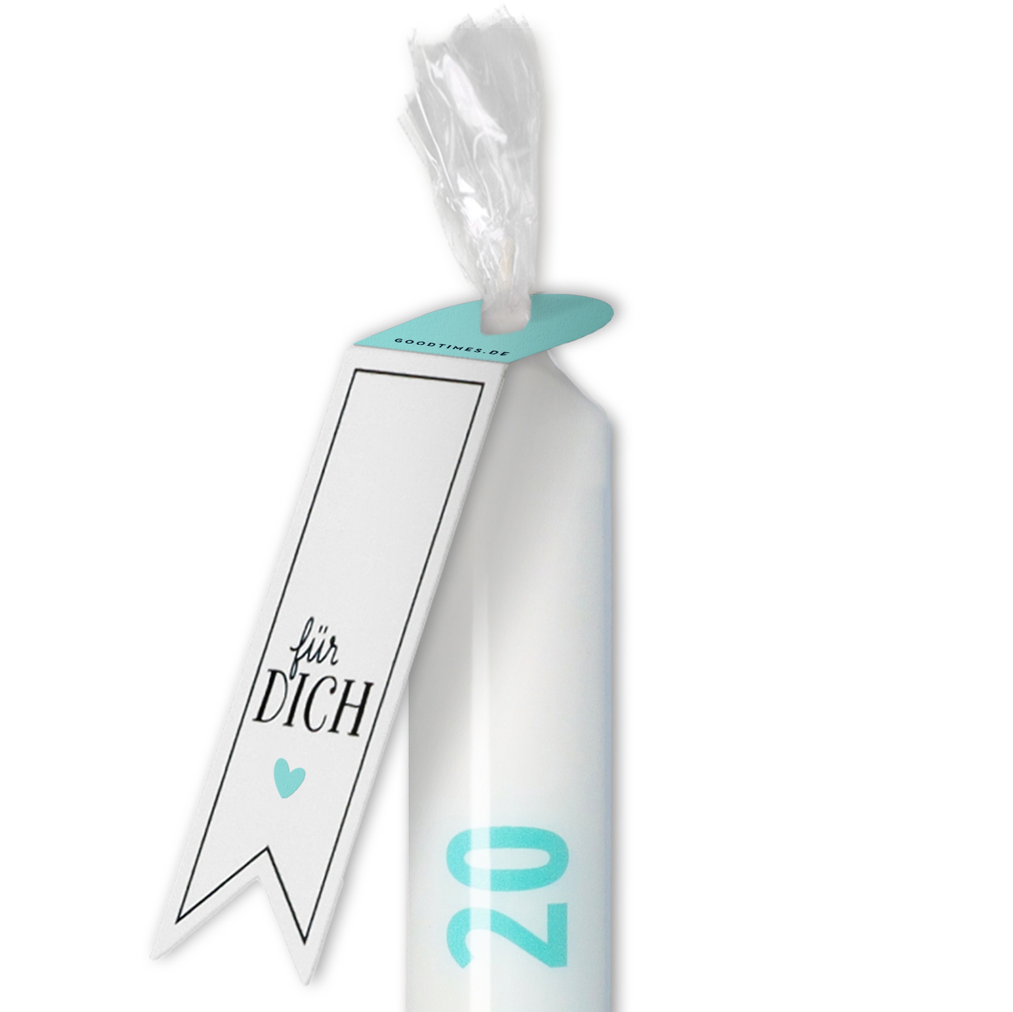 Stabkerze Weiß, Türkis "Gefühlte 20" Stabkerze Weiß, Türkis "Gefühlte 20"