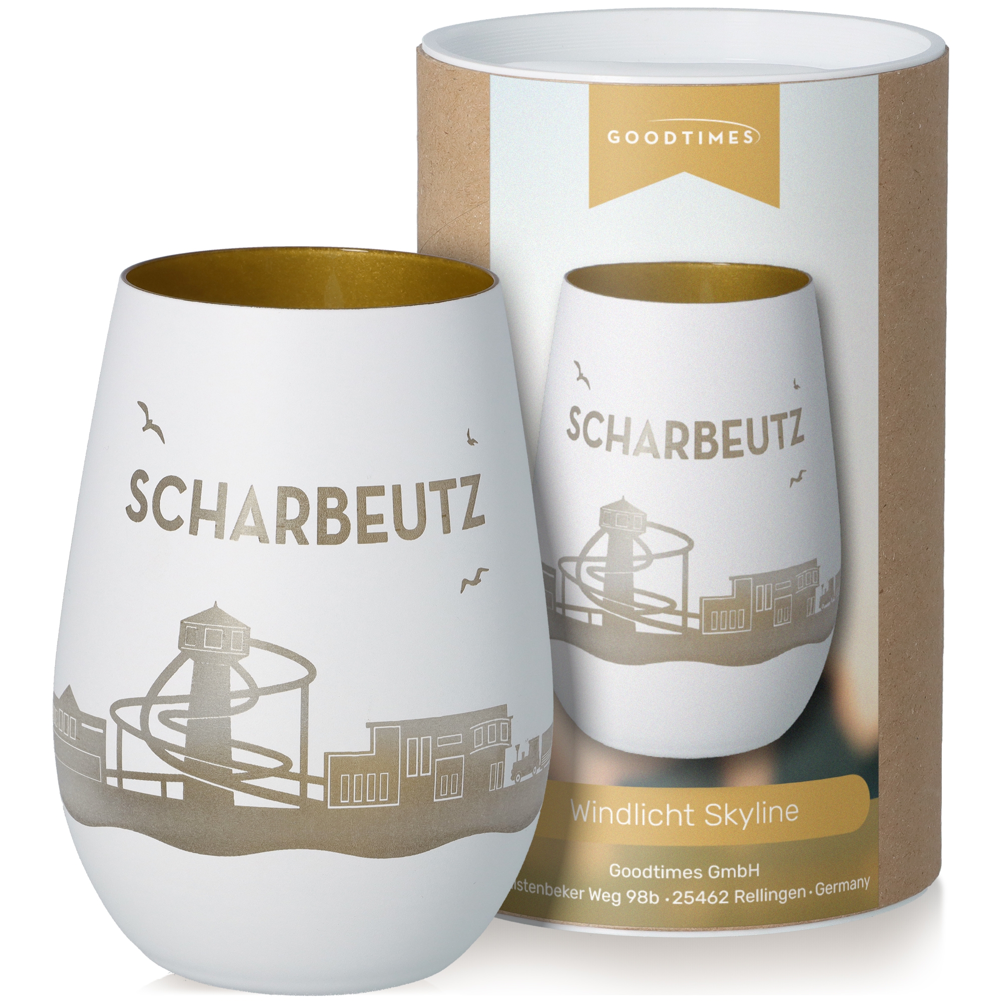 Windlicht Skyline Scharbeutz Weiß/Gold Töpferei, Krug, Tasse