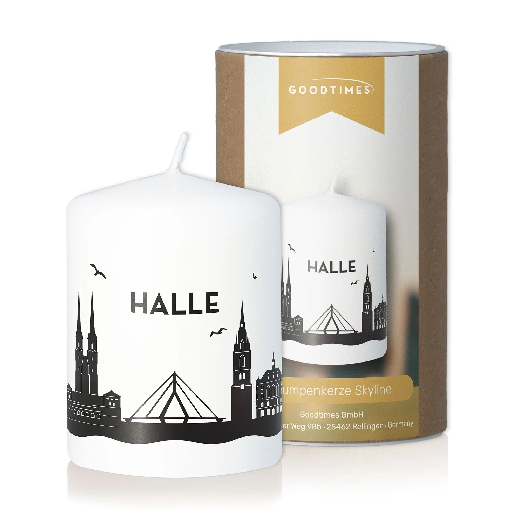 Stumpenkerze Skyline Halle Weiß