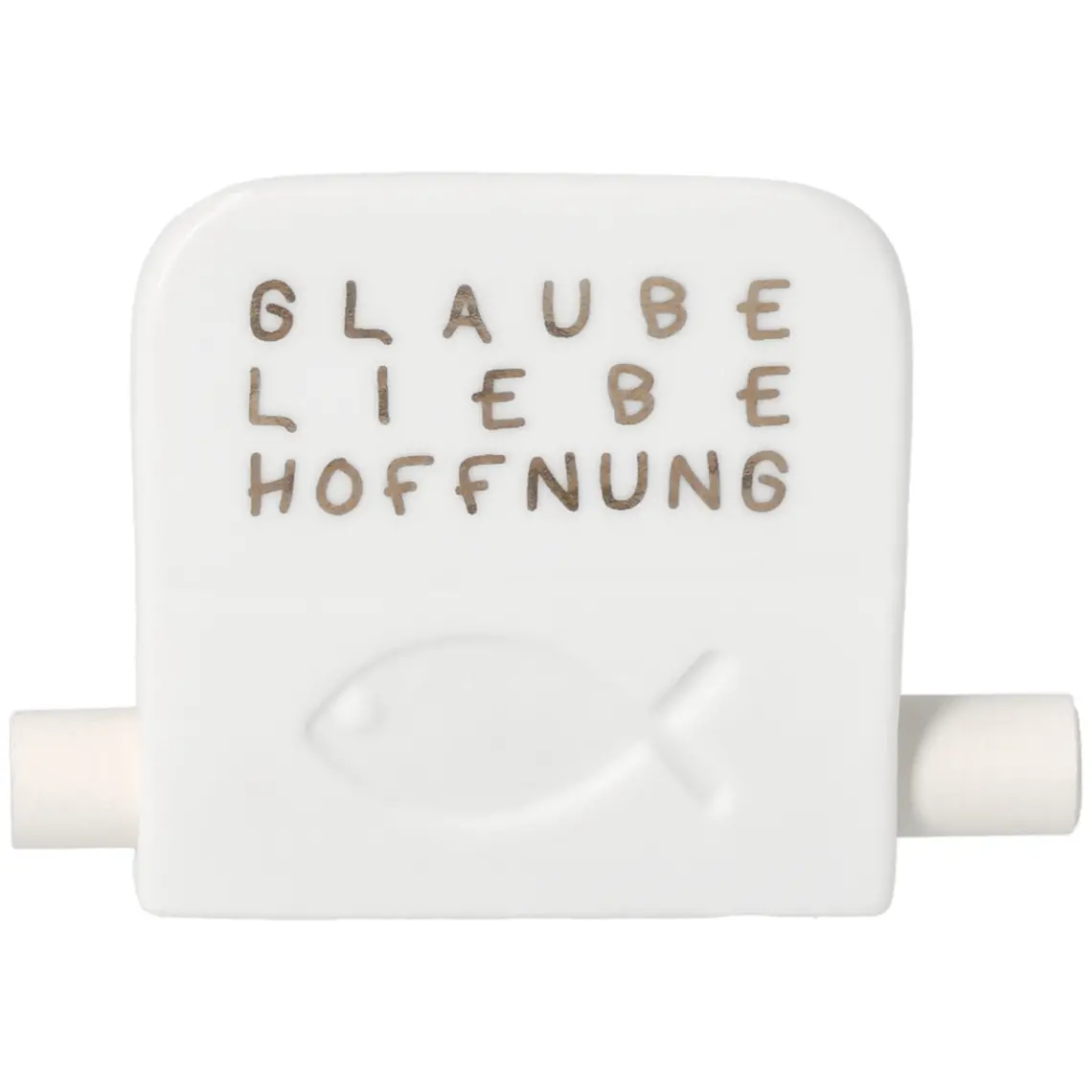 Schwimmfigur, Fischsymbol, Wortgraffiti, Weißer Adapter, Glaube Liebe Hoffnung