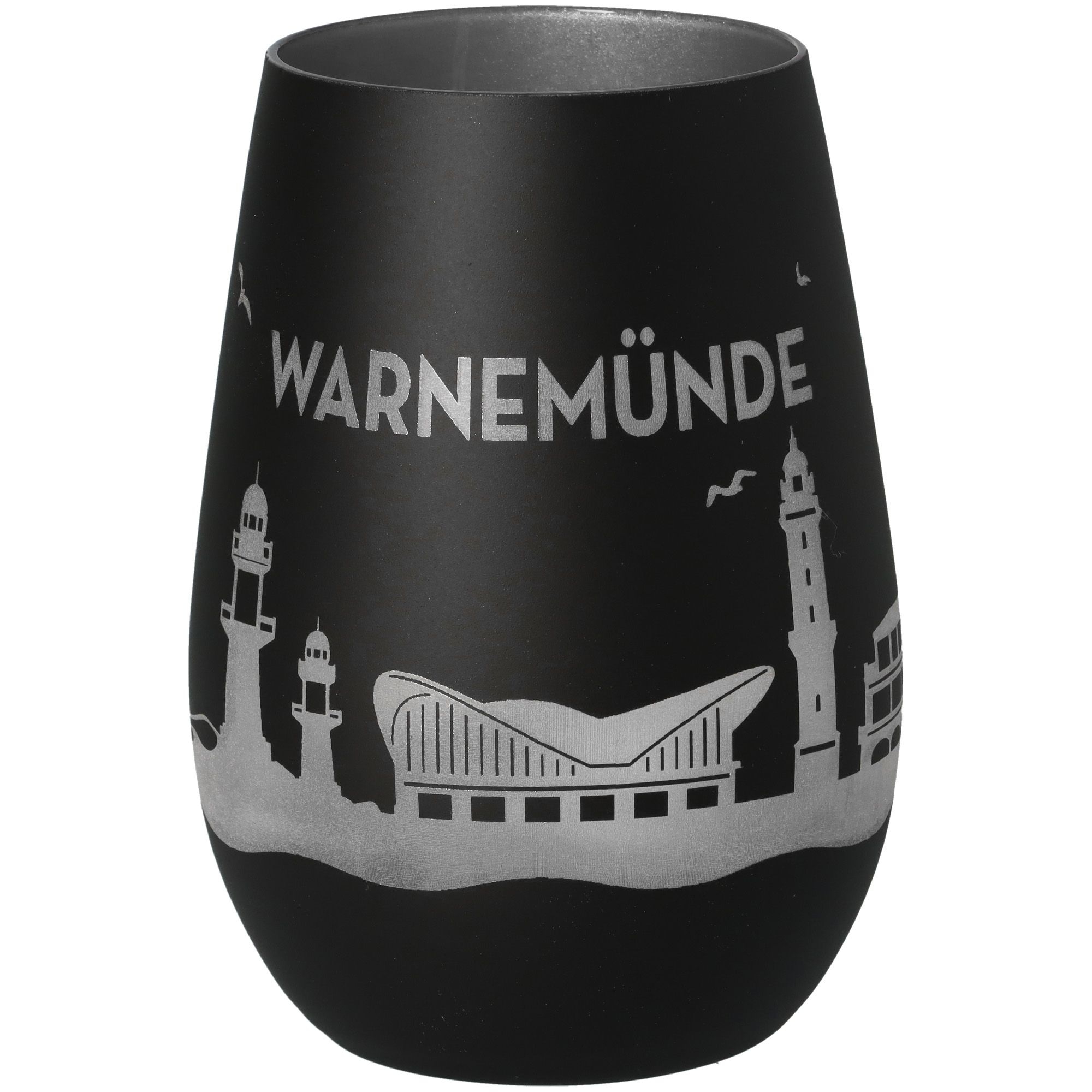 Windlicht Skyline Warnemünde Schwarz/Silber Krug, Töpferei, Vase, Glas