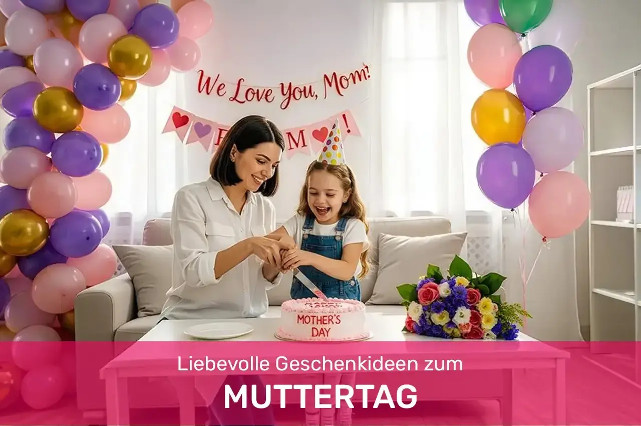 Muttertagsfeier, Geburtstagskuchen, Ballon-Girlande, Geschenkidee, Familienfeier