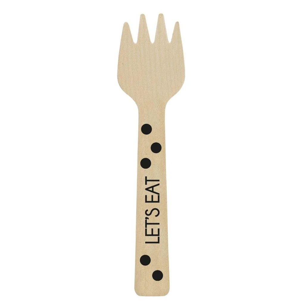 Holz-Gabel, Eetstäbchen, Holzgriff, Let's Eat Text, Käsegabel