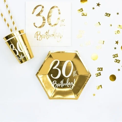 30. Geburtstag, goldene Party, Konfetti, Tafel, Becher