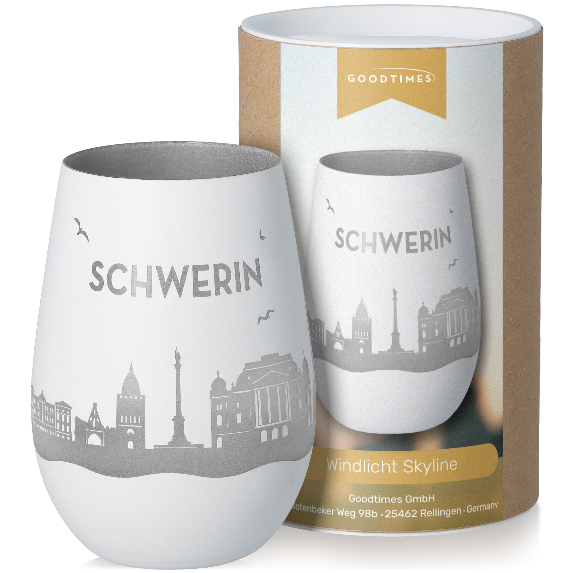 Windlicht Skyline Schwerin Weiß/Silber Töpferei, Tasse, Glas, Kunst, Porzellan