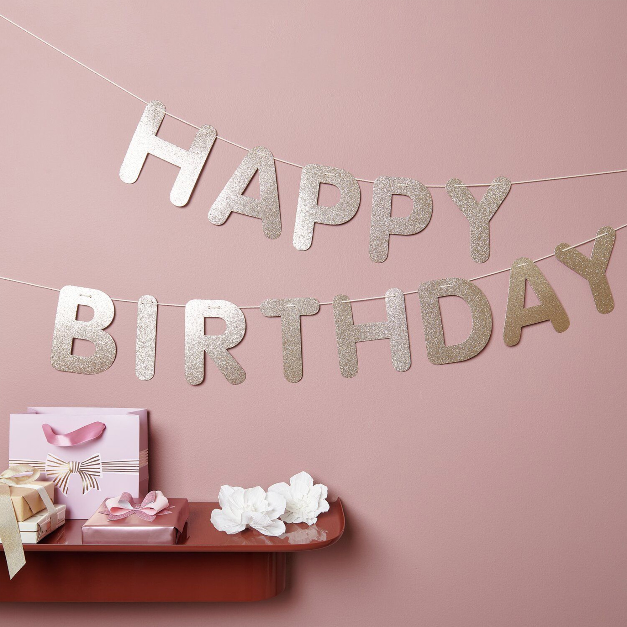 Girlande "Happy Birthday" Gold Leute, Text, Nummer, Symbol, Mauer