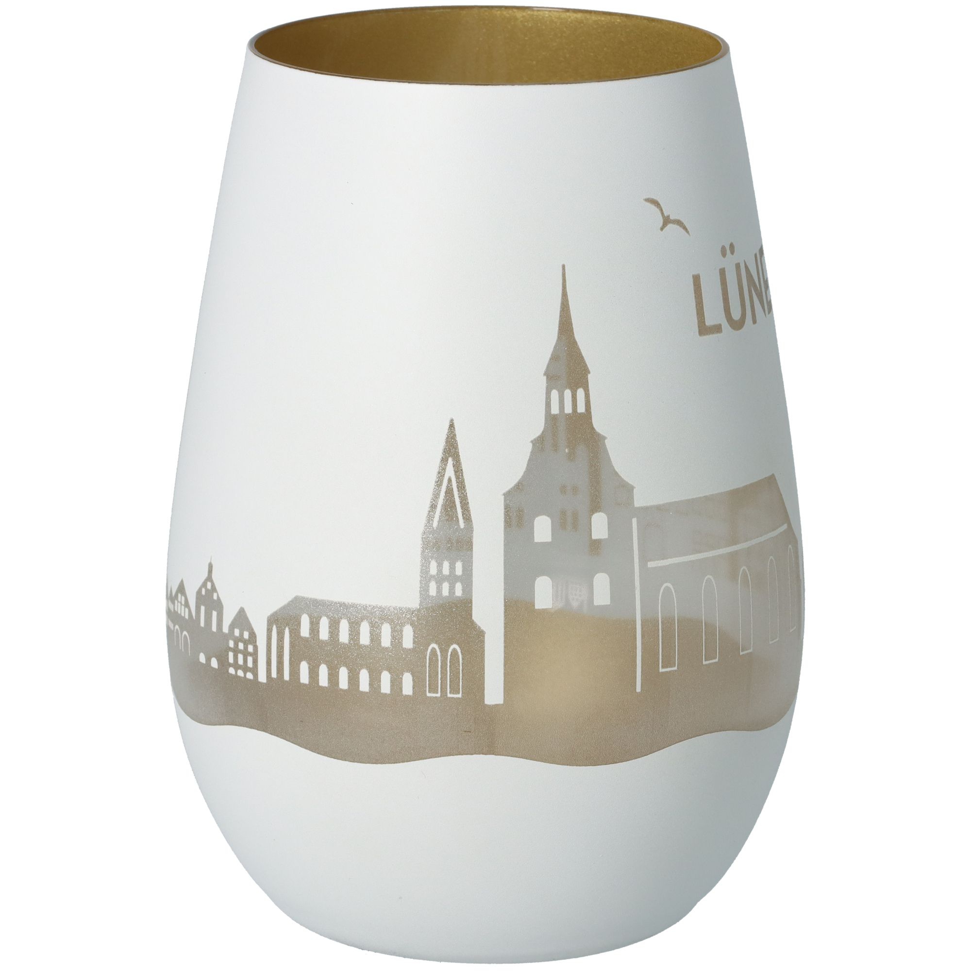Windlicht Skyline Lüneburg Weiß/Gold