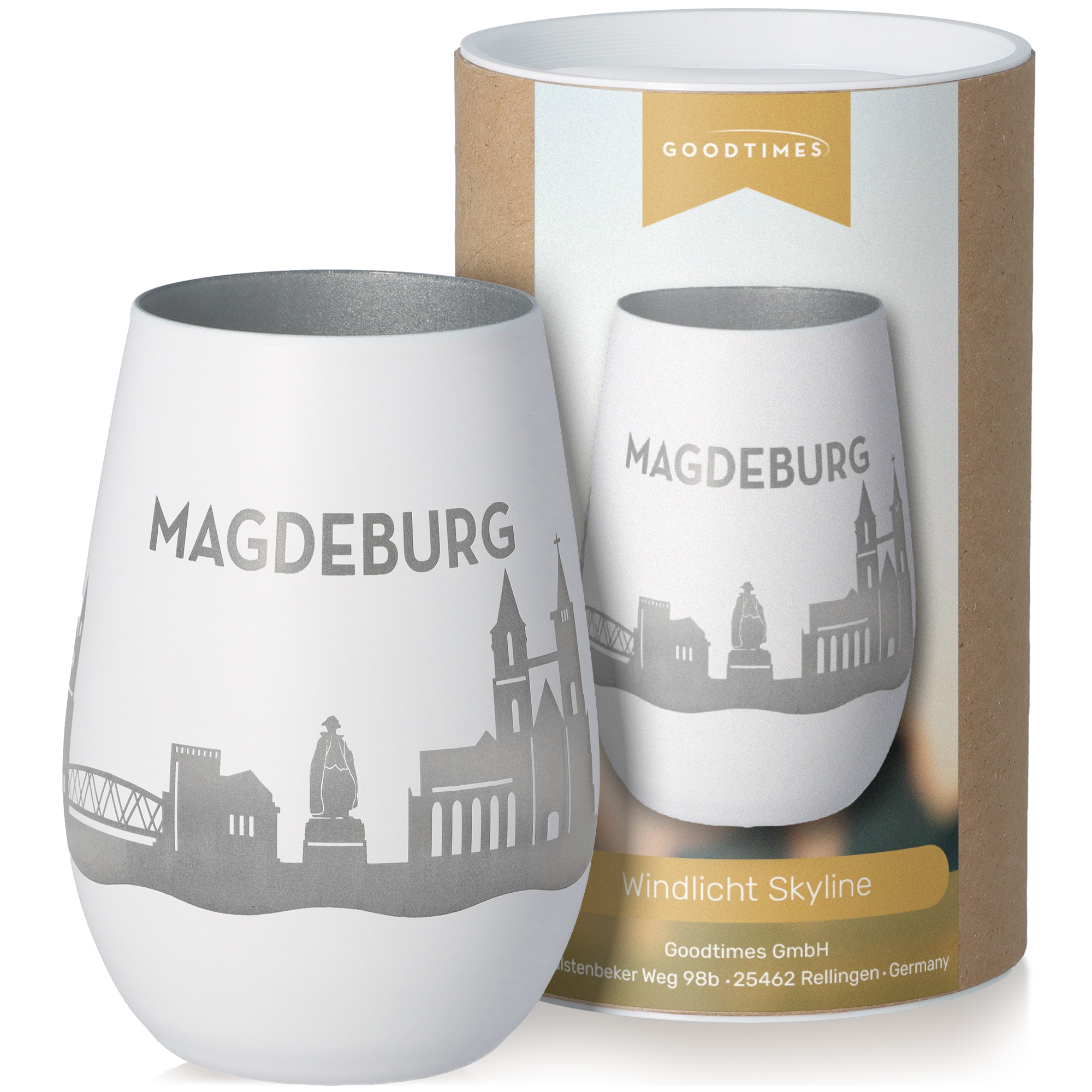 Windlicht Skyline Magdeburg Weiß/Silber Töpferei, Tasse