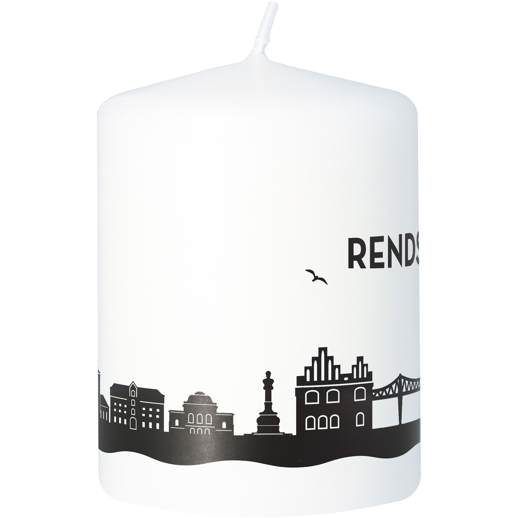 Stumpenkerze Skyline Rendsburg Weiß Kerze, Tier, Vogel