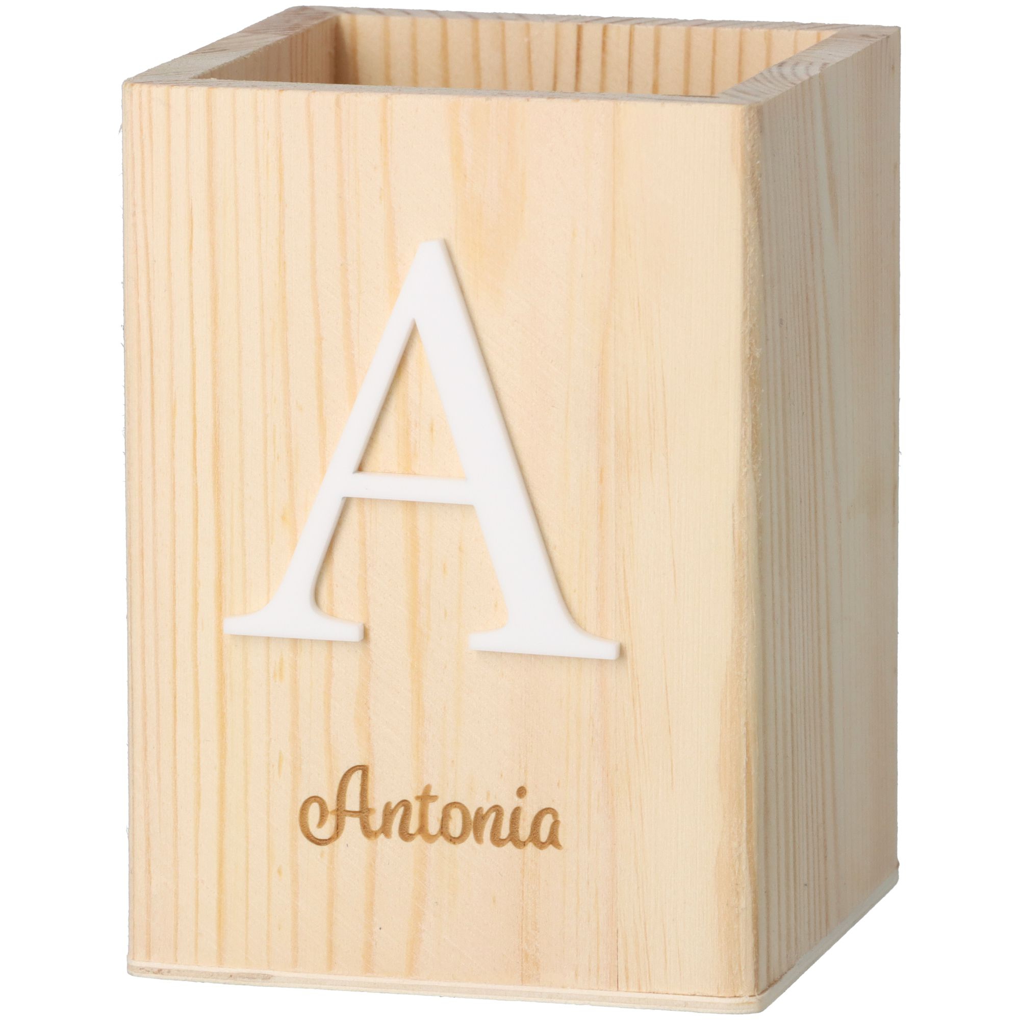 Stiftehalter Initial & "Name" aus Holz 11cm x 8cm x 8cm