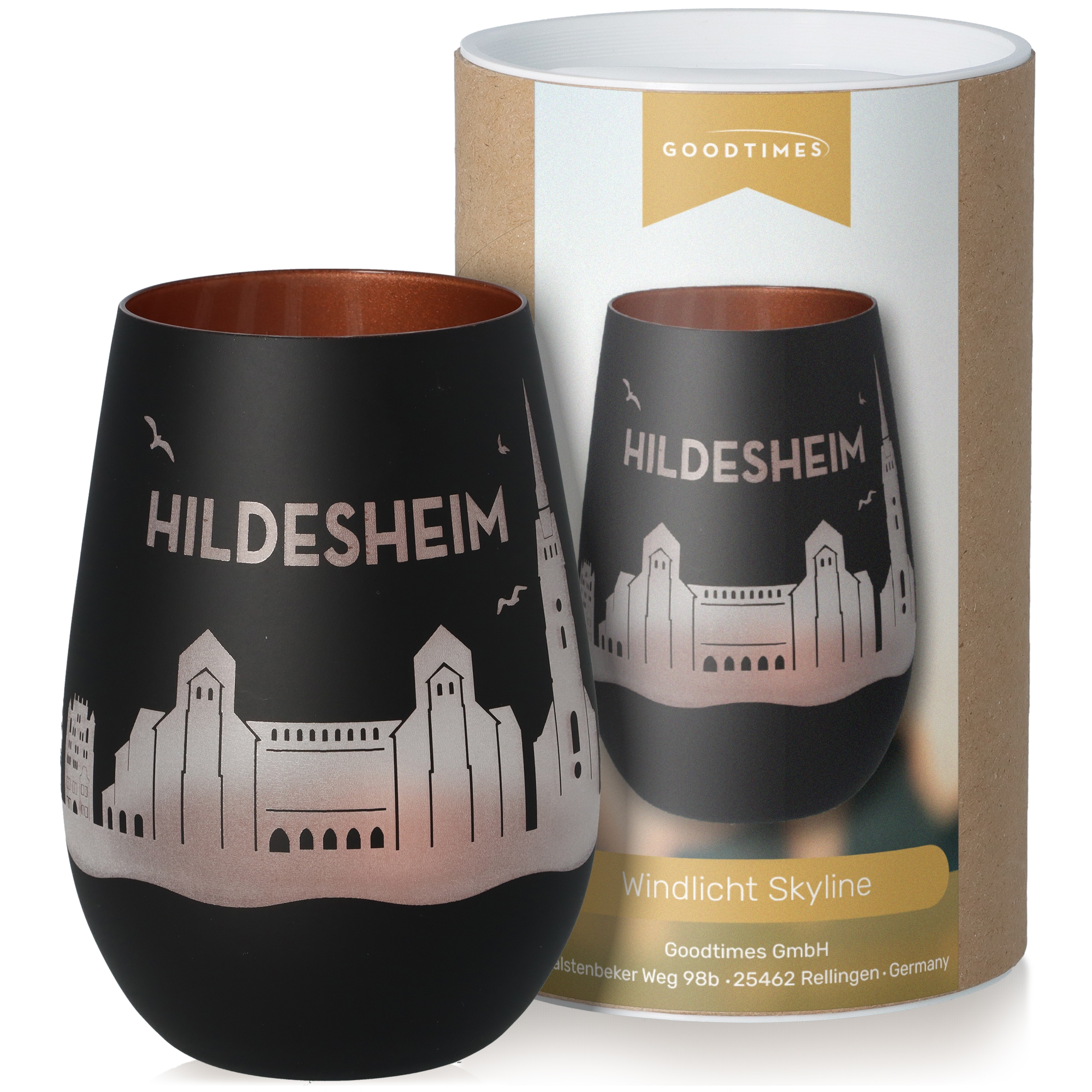 Windlicht Skyline Hildesheim Schwarz/Bronze Pokal, Töpferei