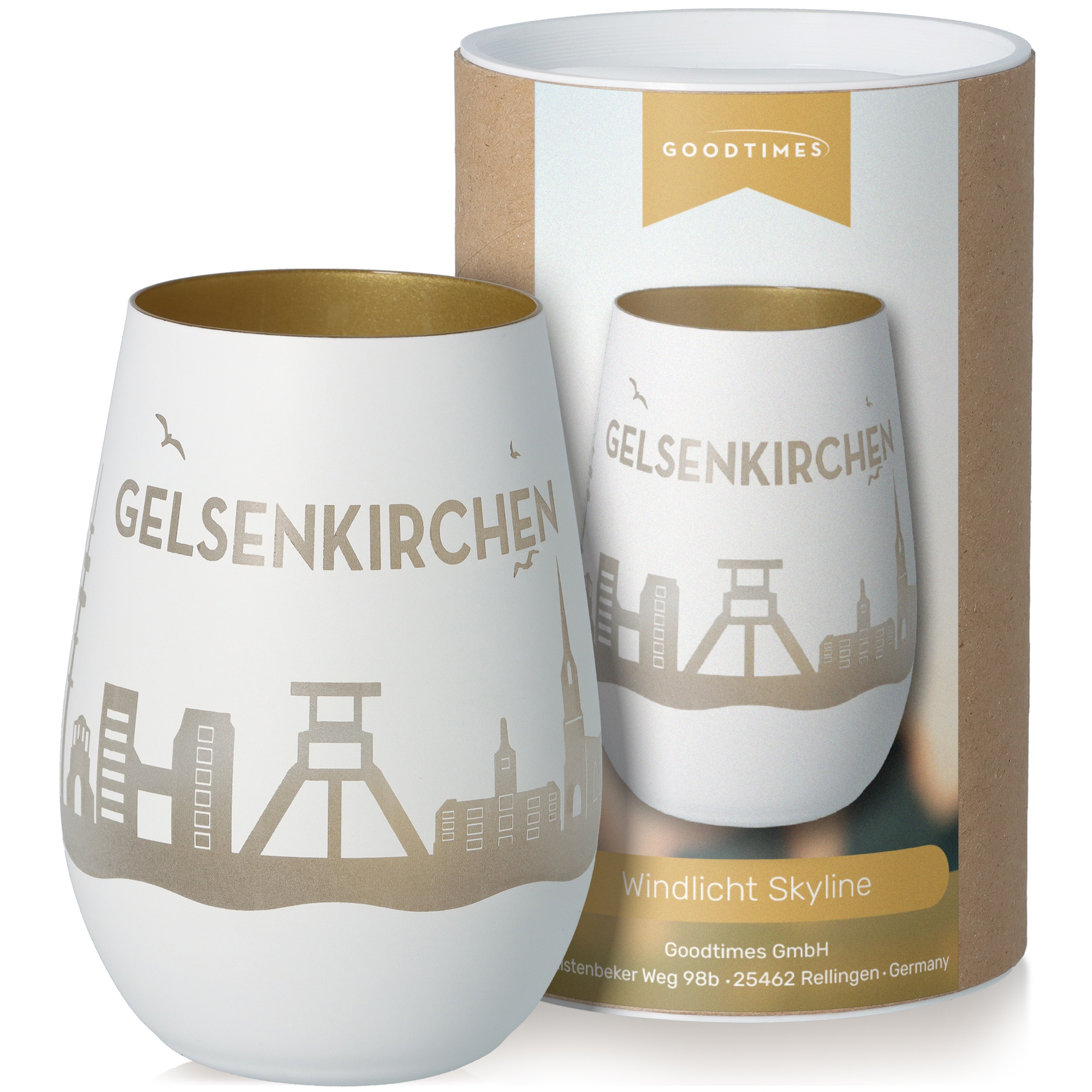 Windlicht Skyline Gelsenkirchen Weiß/Gold Töpferei, Tasse, Krug, Kunst, Porzellan