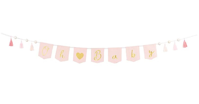 Stoffgirlande "Oh ♥ Baby" mit Tasseln Rosa/Gold Stoffgirlande "Oh ♥ Baby" mit Tasseln Rosa/Gold
