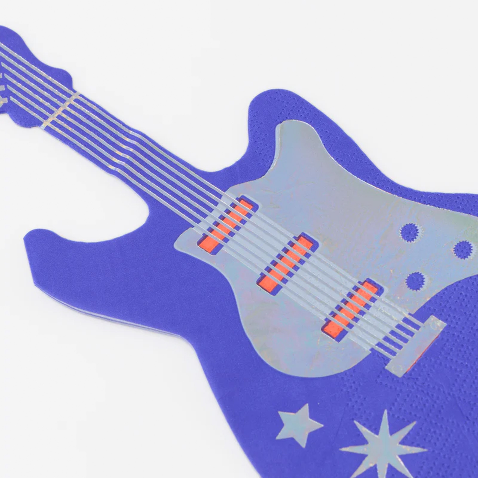 electric guitar, blue guitar, body pattern stars, chrome pickups, six-string