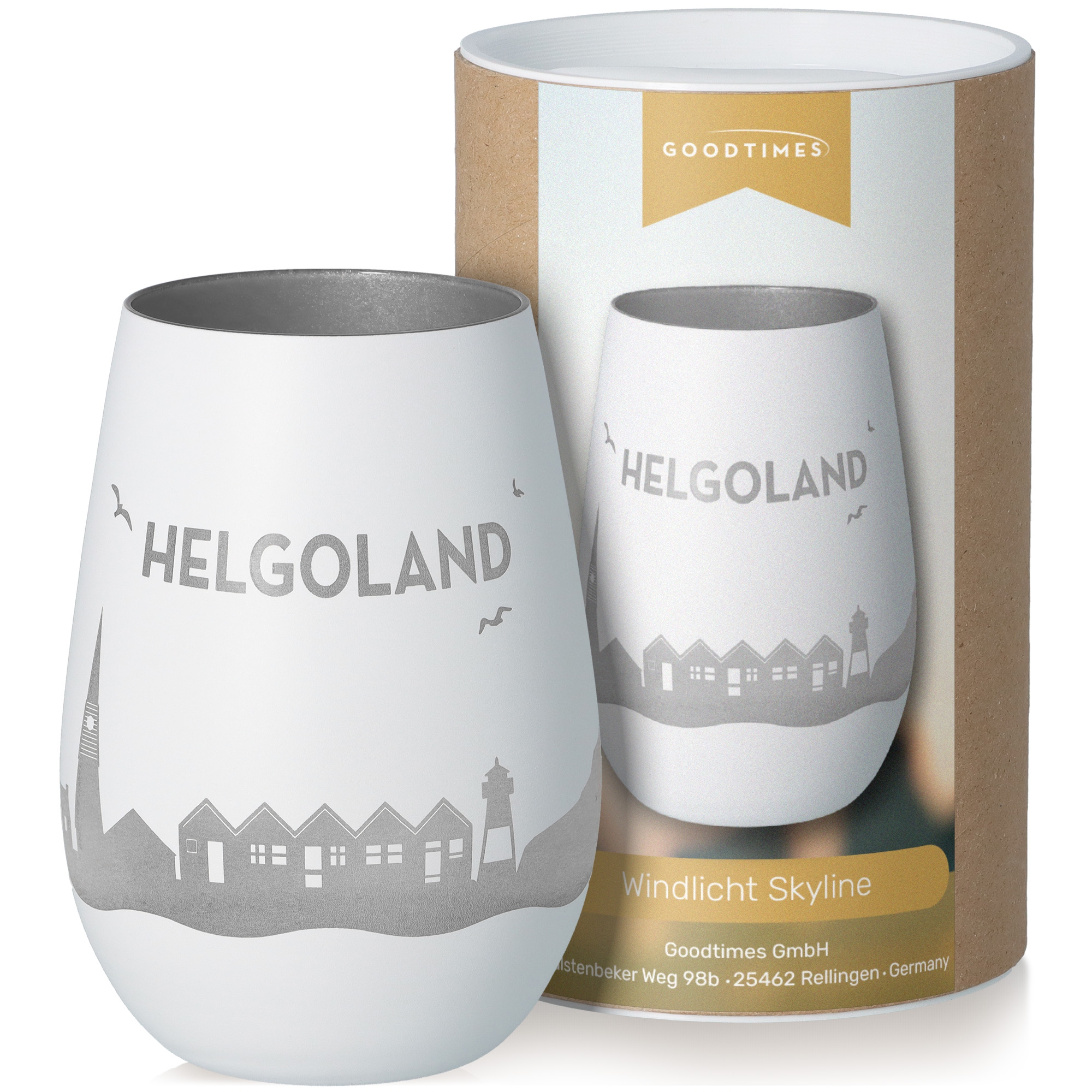 Windlicht Skyline Helgoland Weiß/Silber