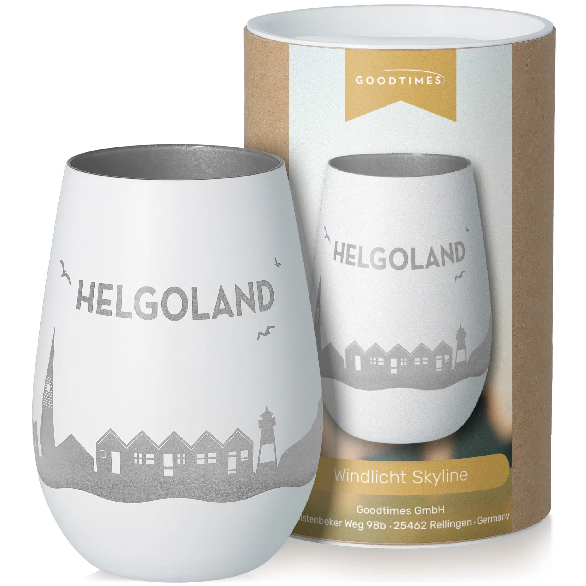 Windlicht Skyline Helgoland Weiß/Silber