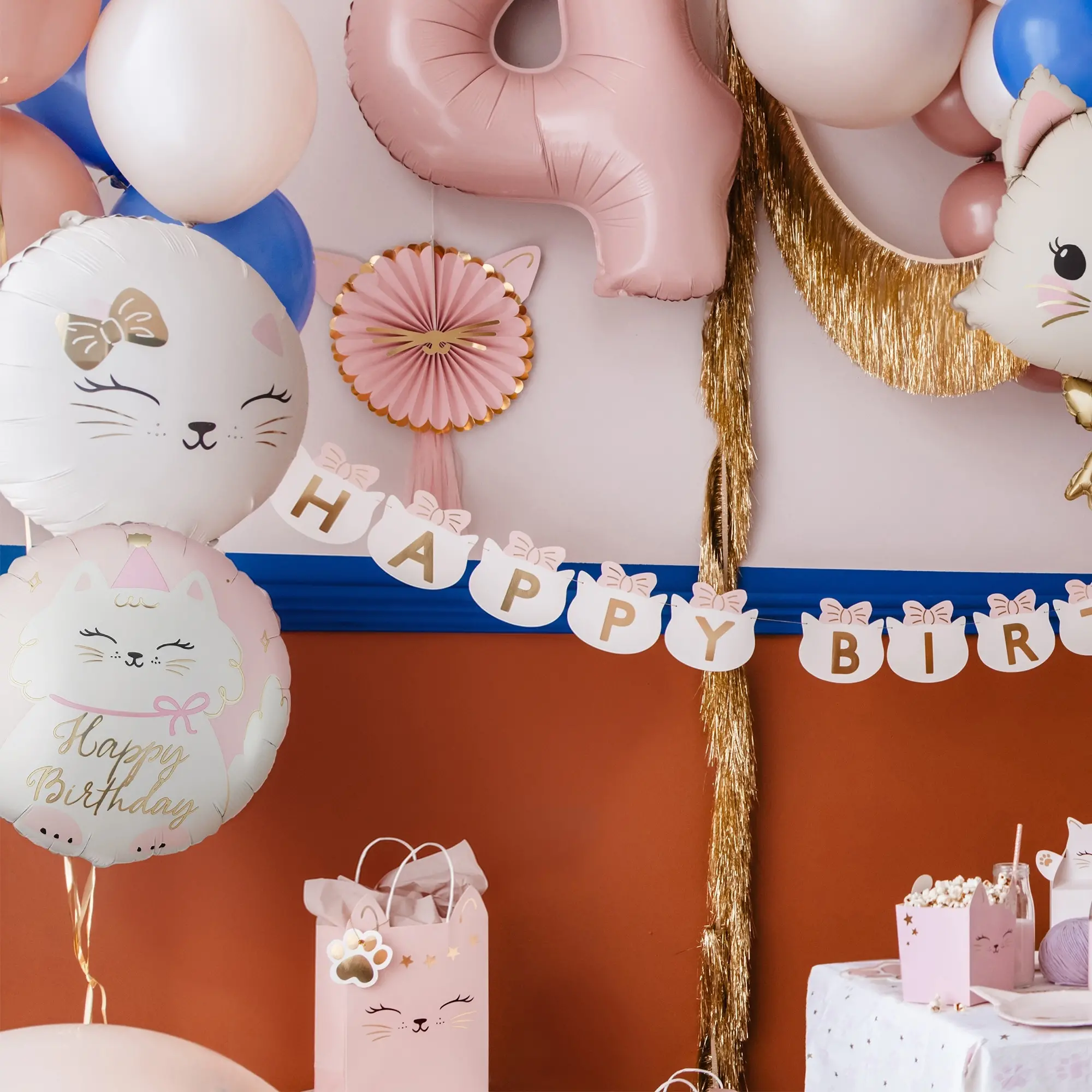 balloons, birthday, katze, pink, partydeko