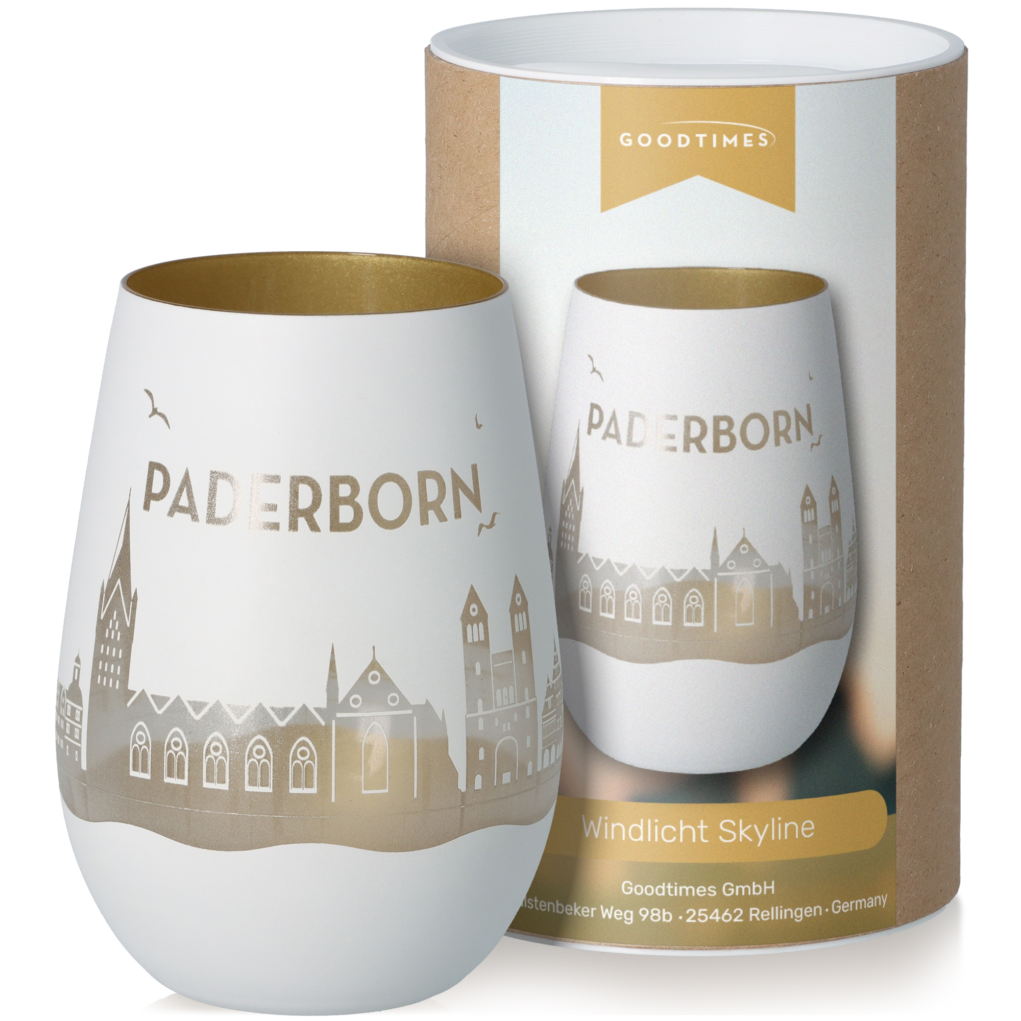 Windlicht Skyline Paderborn Weiß/Gold Töpferei, Krug, Tasse, Porzellan, Glas