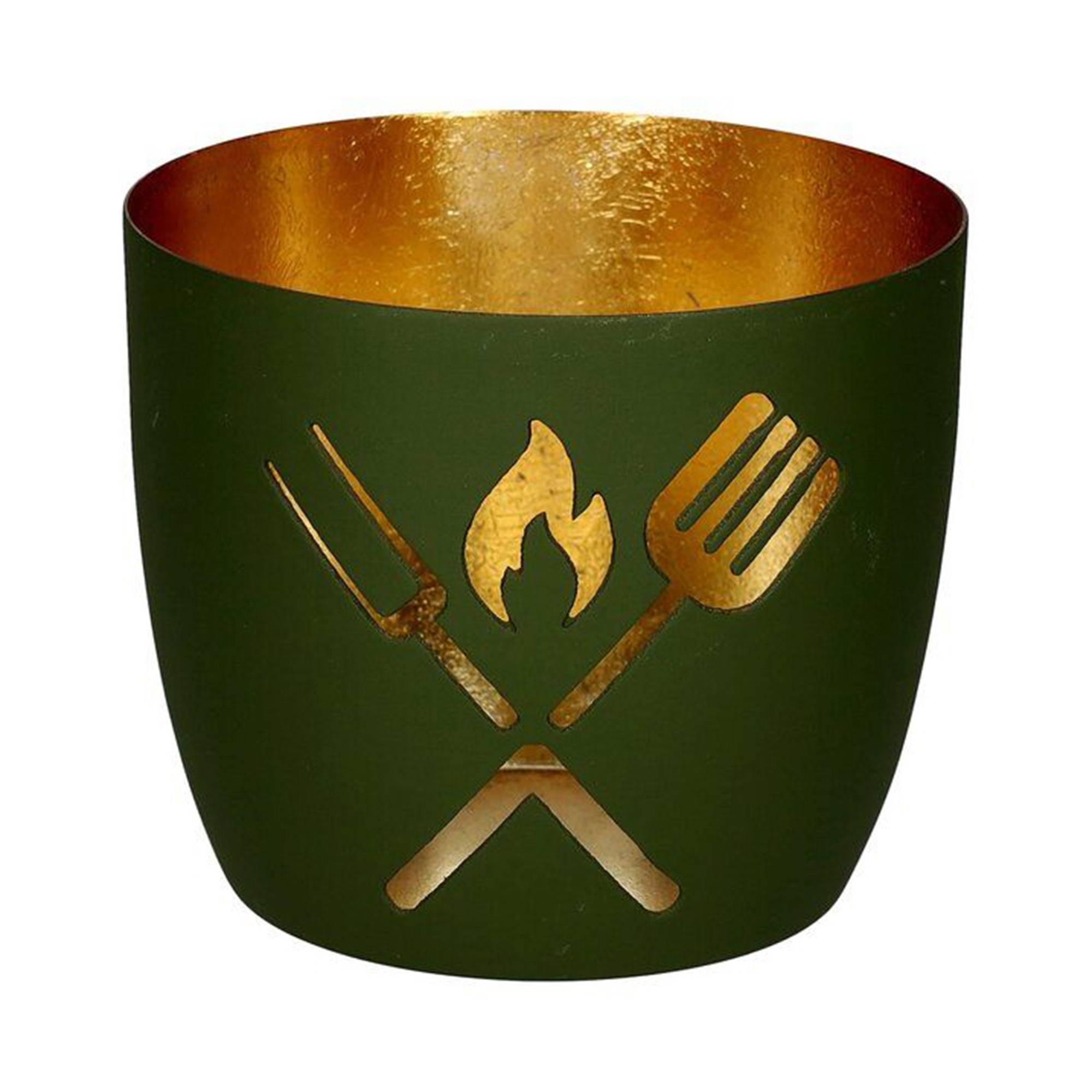 Madras Windlicht "Grillbesteck", Olivgrün/Gold - M