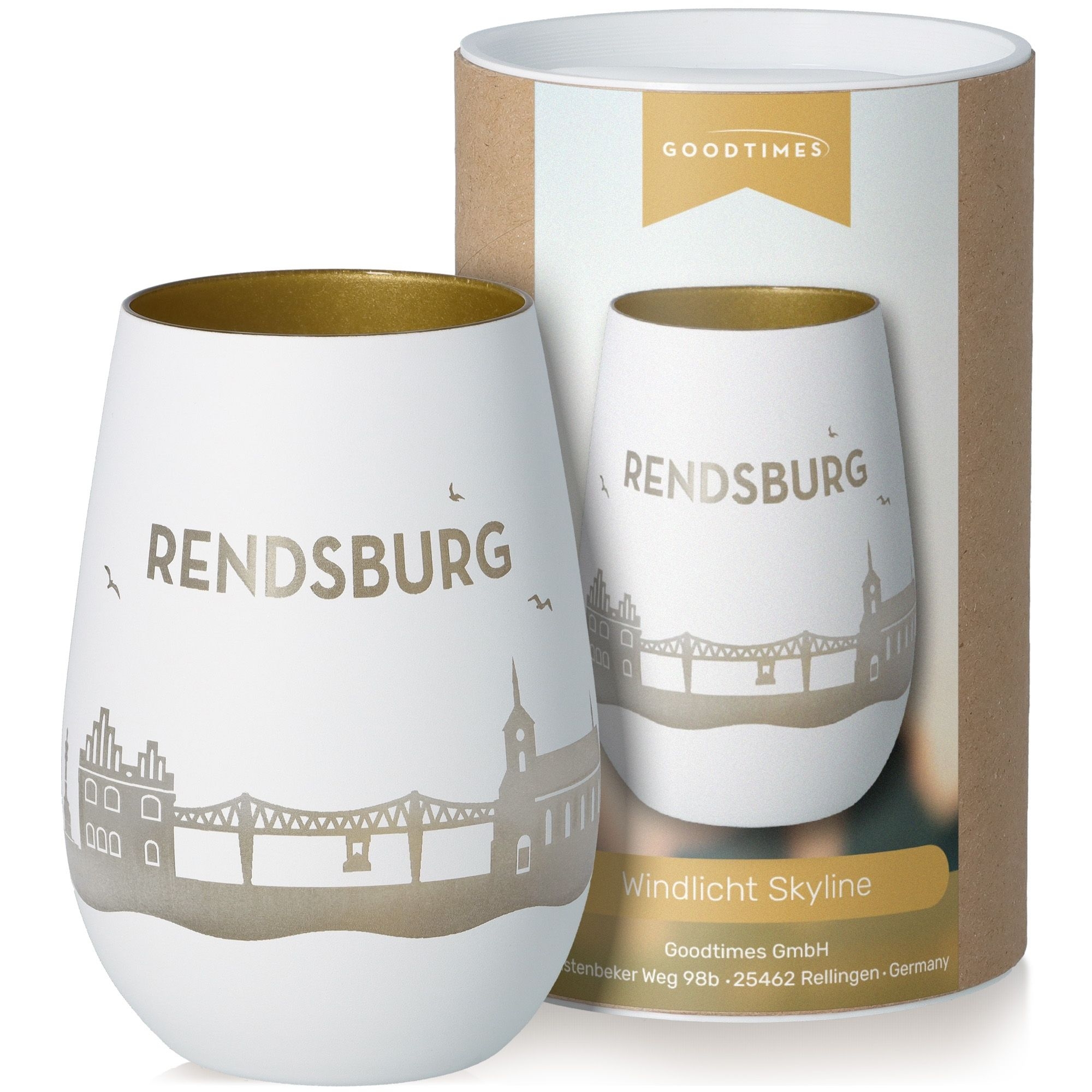 Windlicht Skyline Rendsburg Weiß/Gold Töpferei, Krug, Tasse, Kunst, Porzellan
