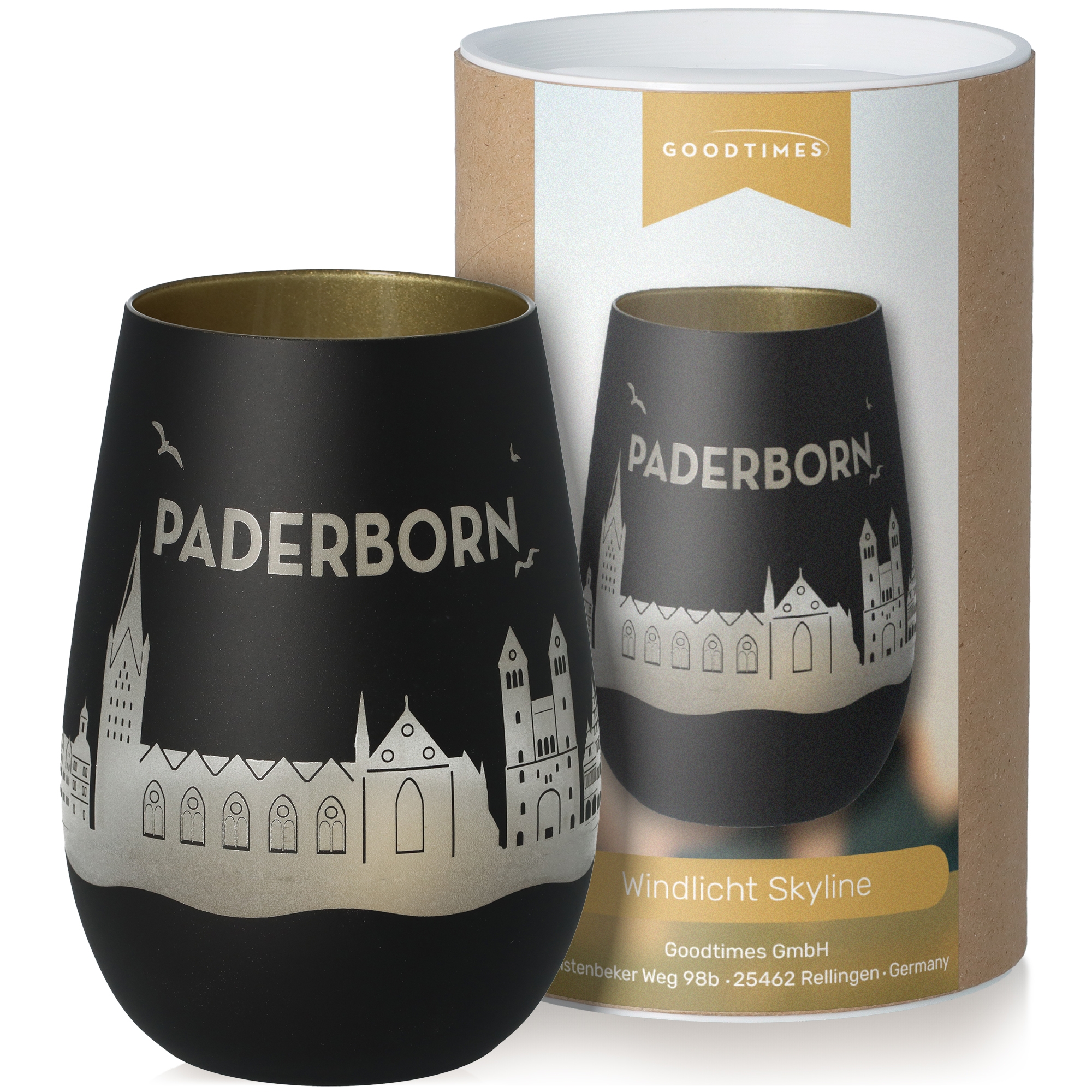 Windlicht Skyline Paderborn Schwarz/Gold Krug, Töpferei, Tasse