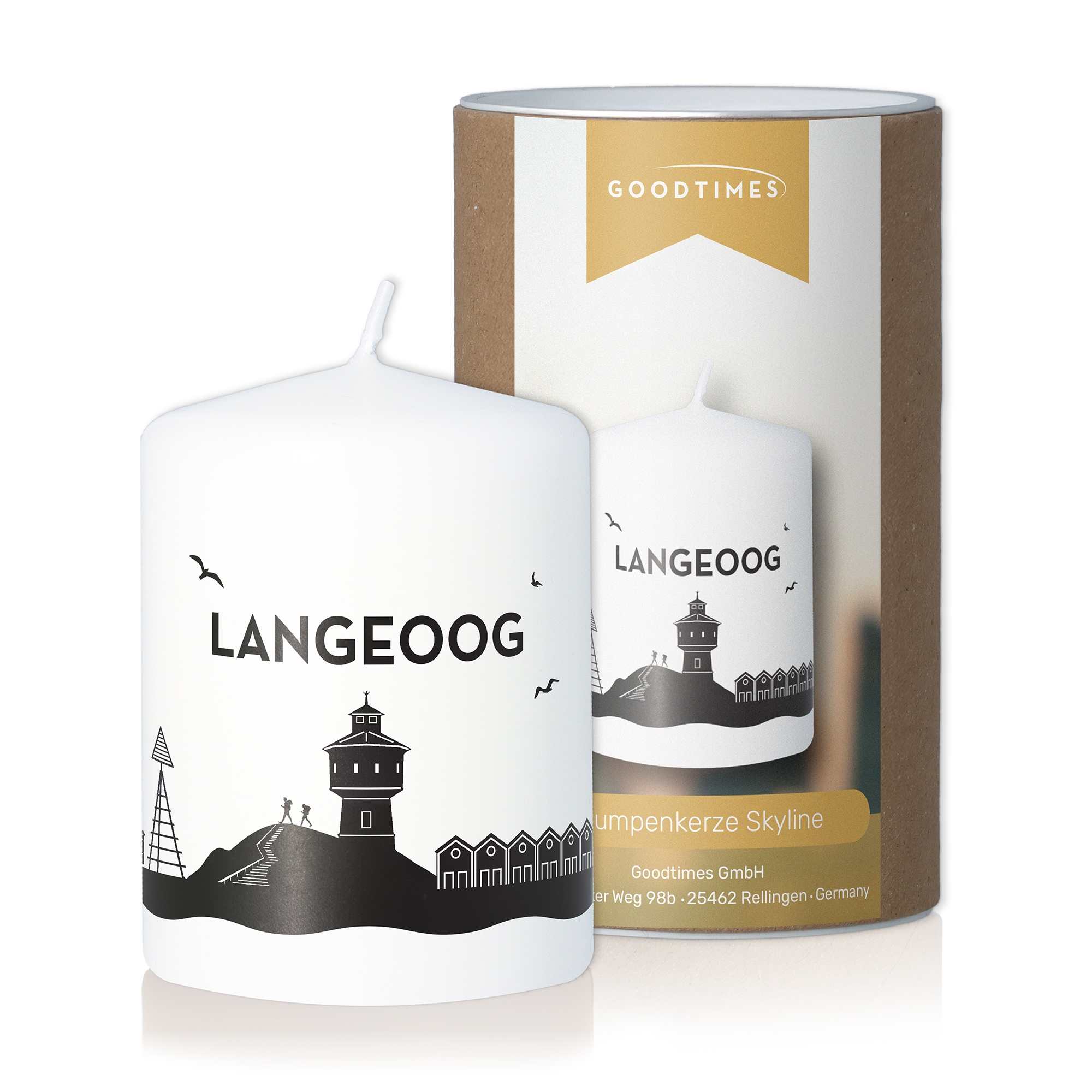 Stumpenkerze Skyline Langeoog Weiß Flasche