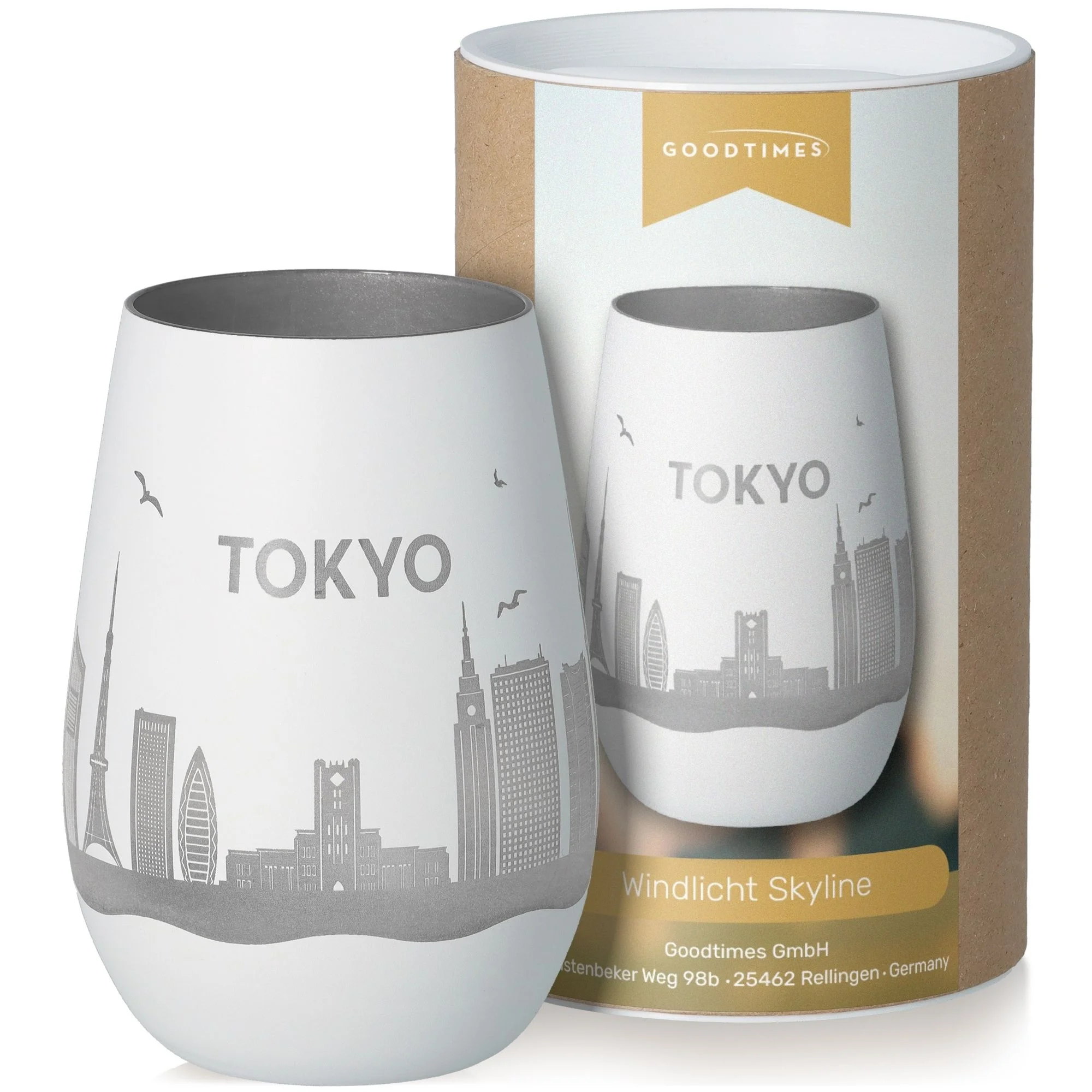 tokyo, glas, weiße tasse, windlichter skyline, sonniger design