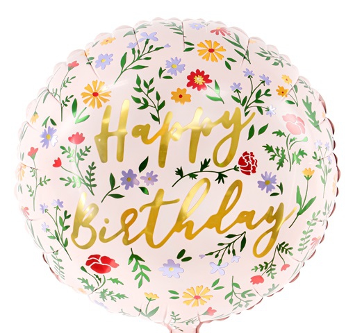Folienballon "Happy Birthday", Blumen 35 cm