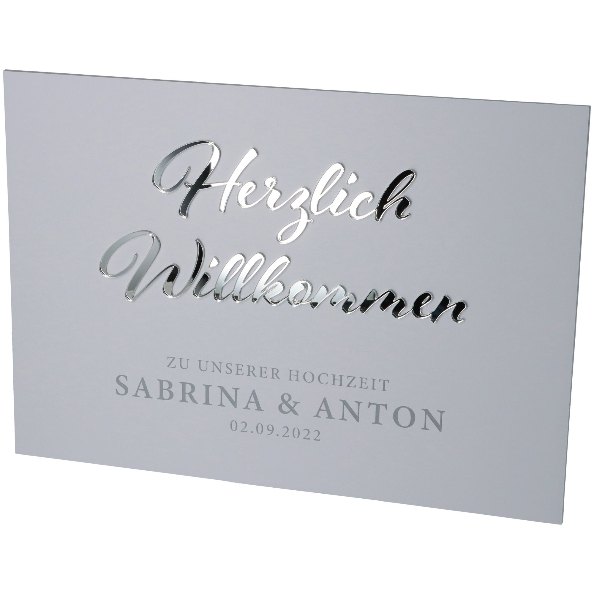 Willkommensschild Hochzeit "Namen & Datum" Silber Willkommensschild Hochzeit "Namen & Datum" Silber