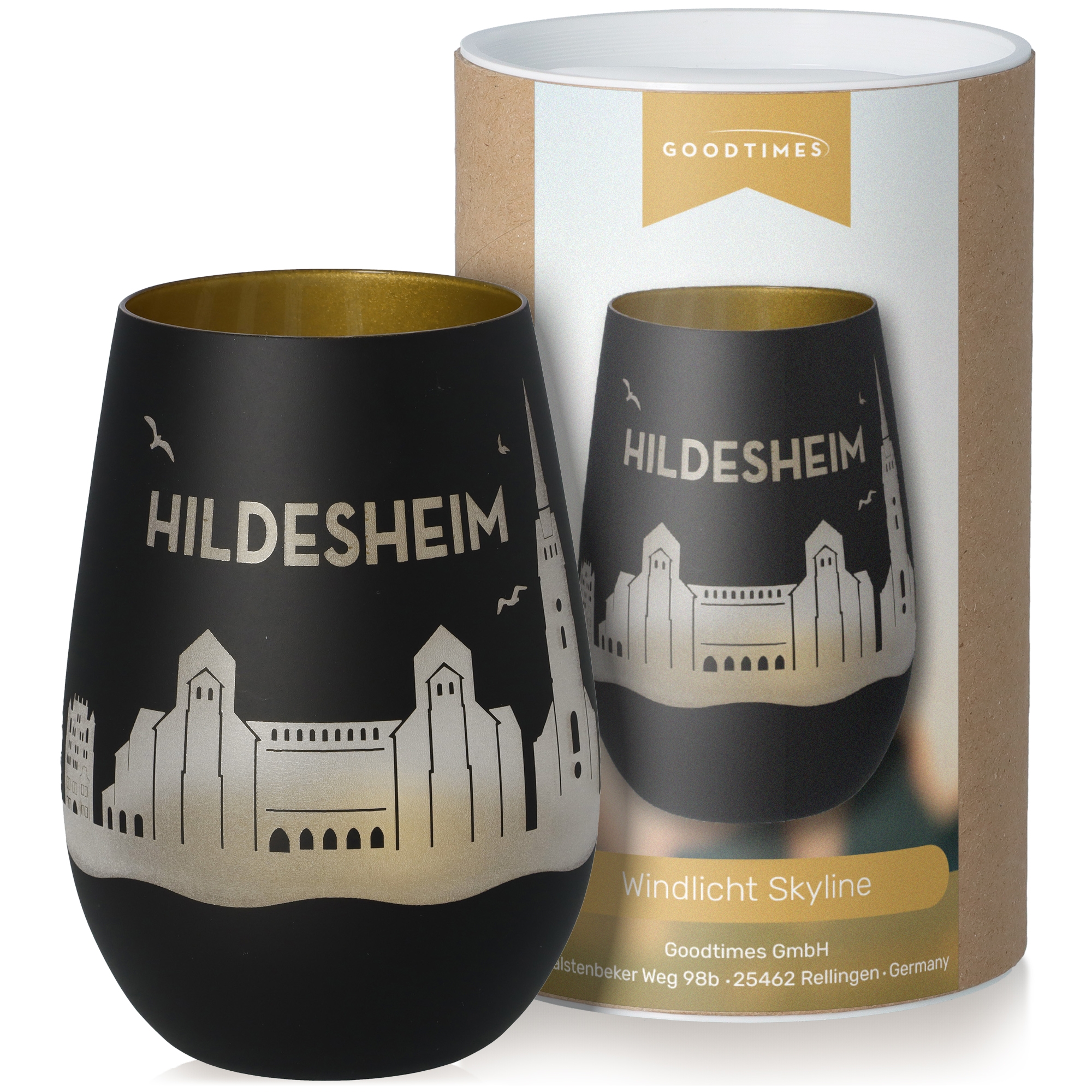 Windlicht Skyline Hildesheim Schwarz/Gold Pokal