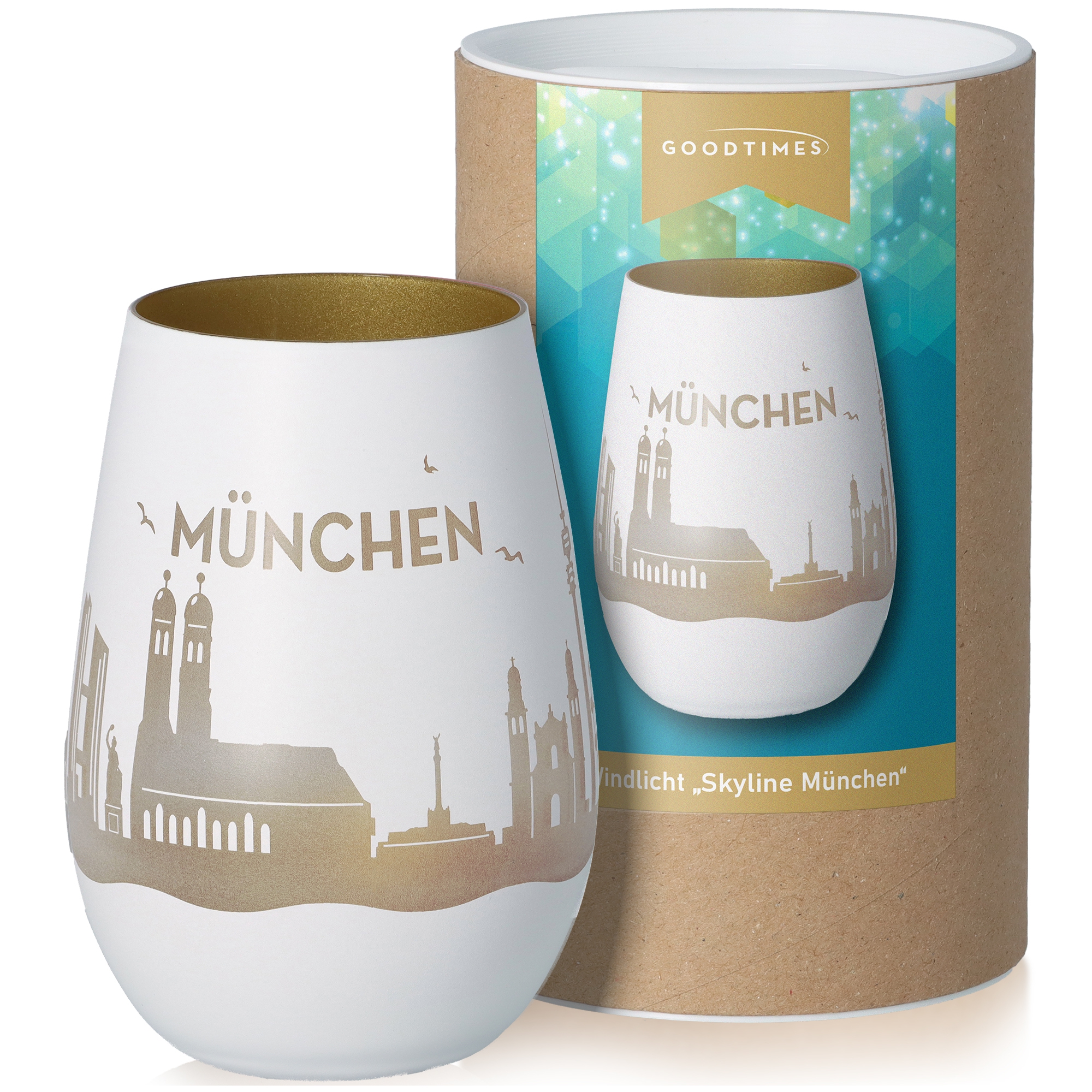 Windlicht Skyline München Weiß/Gold