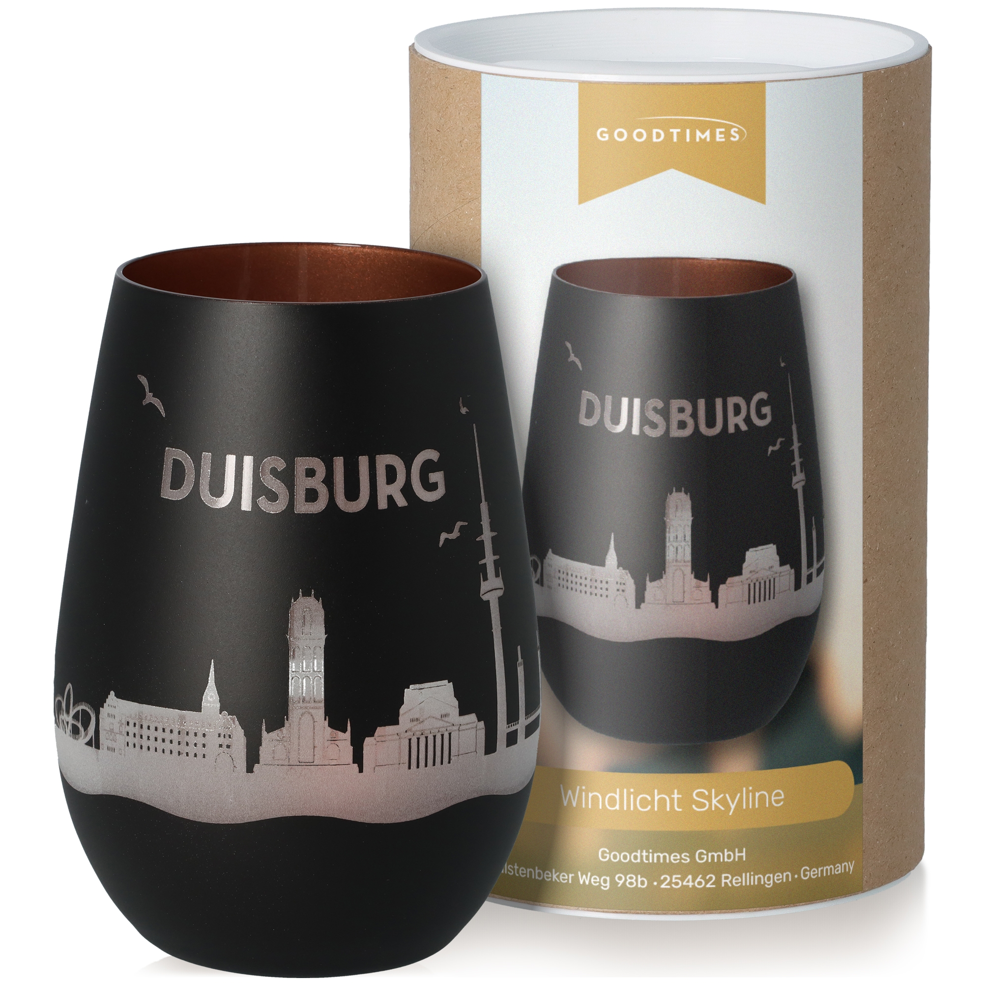 Windlicht Skyline Duisburg Schwarz/Bronze Pokal, Töpferei, Krug