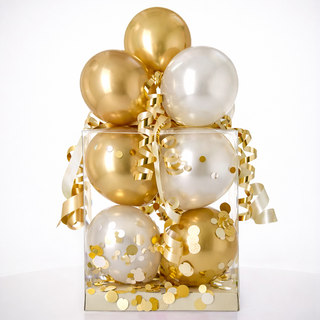 Geschenk, Ballons, Kugeln, Konfetti, Glasbox