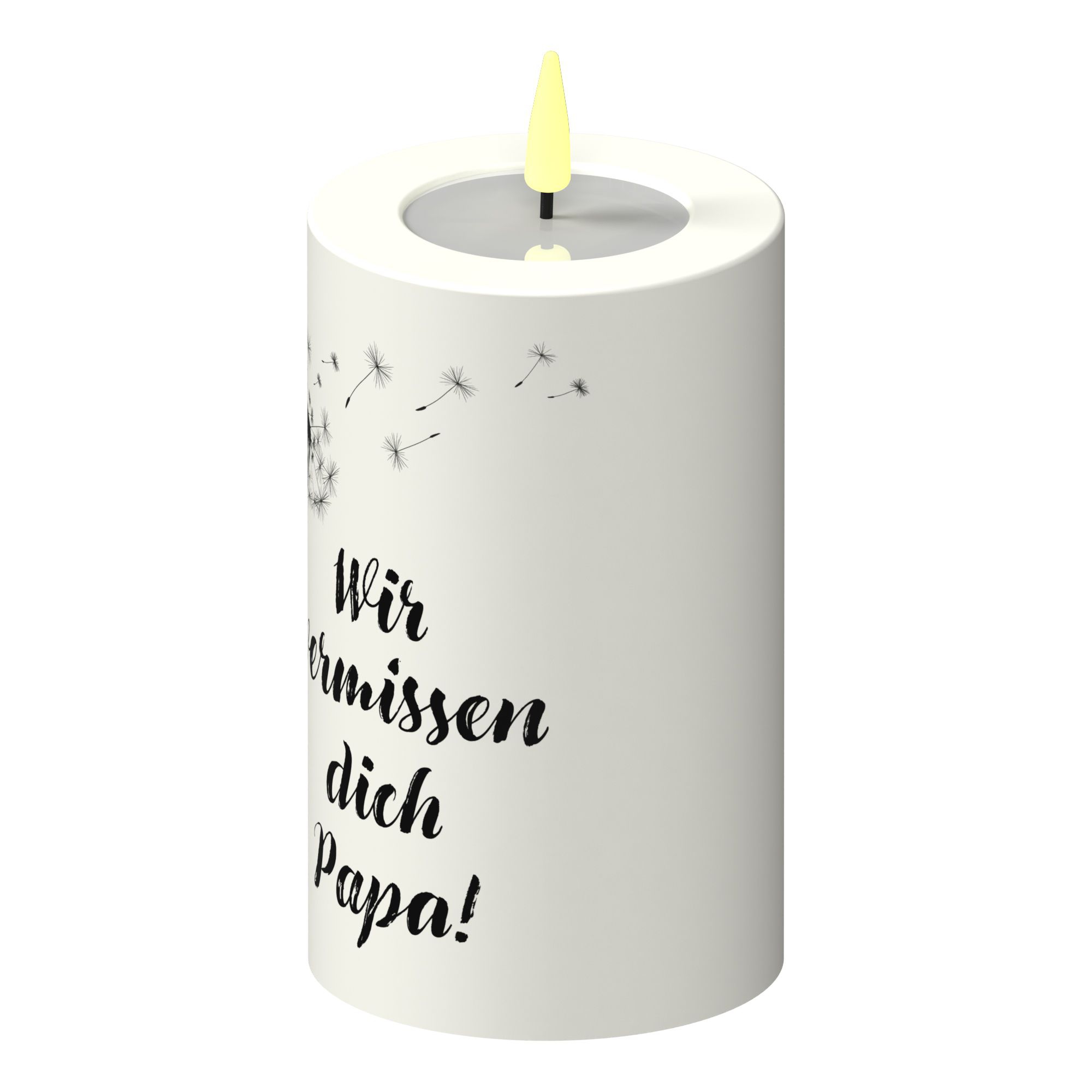 LED Stumpenkerze Weiß Pusteblume "Wir vermissen dich Papa!" LED Stumpenkerze Weiß Pusteblume "Wir vermissen dich Papa!"