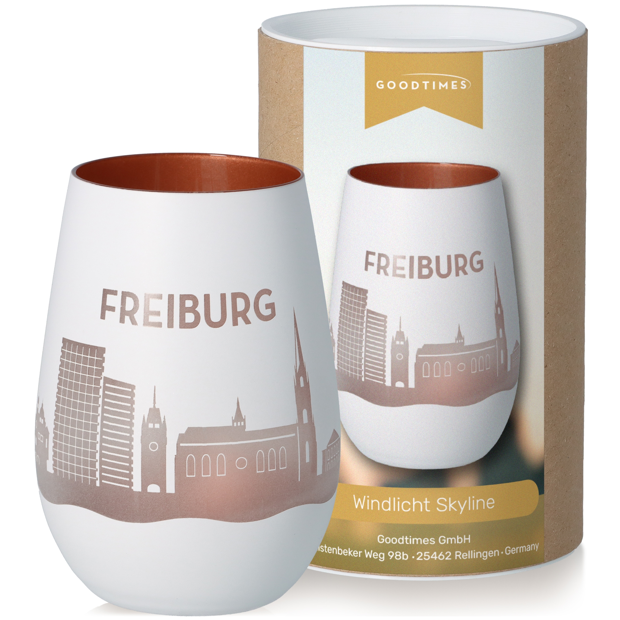 Windlicht Skyline Freiburg Weiß/Bronze Töpferei, Tasse, Krug