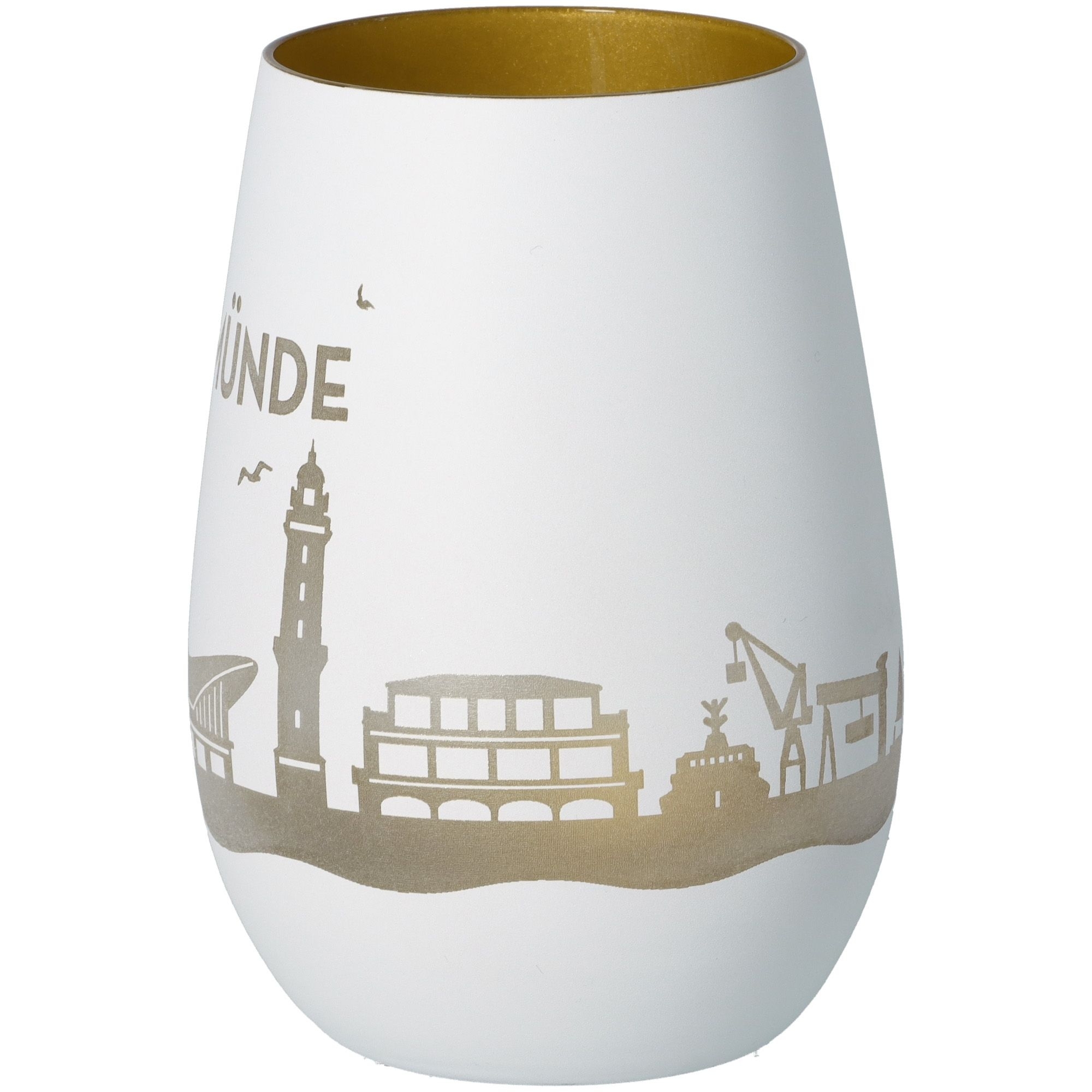 Windlicht Skyline Warnemünde Weiß/Gold Töpferei, Krug, Vase, Kunst, Porzellan
