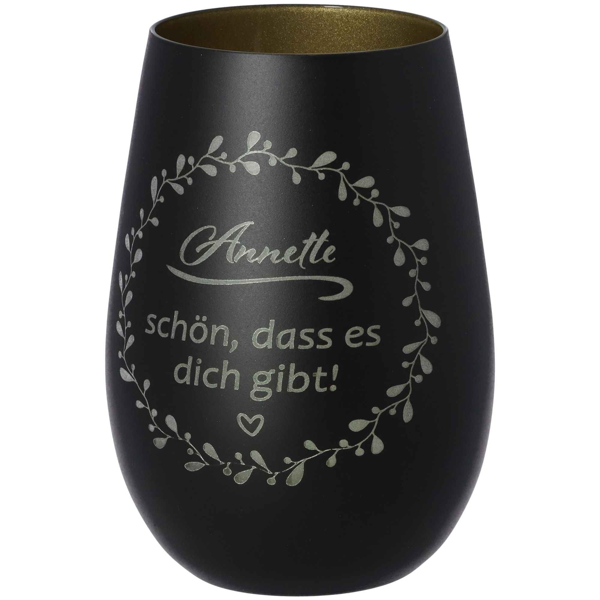Windlicht Schön, dass es dich gibt "Name" Schwarz/Gold 465ml