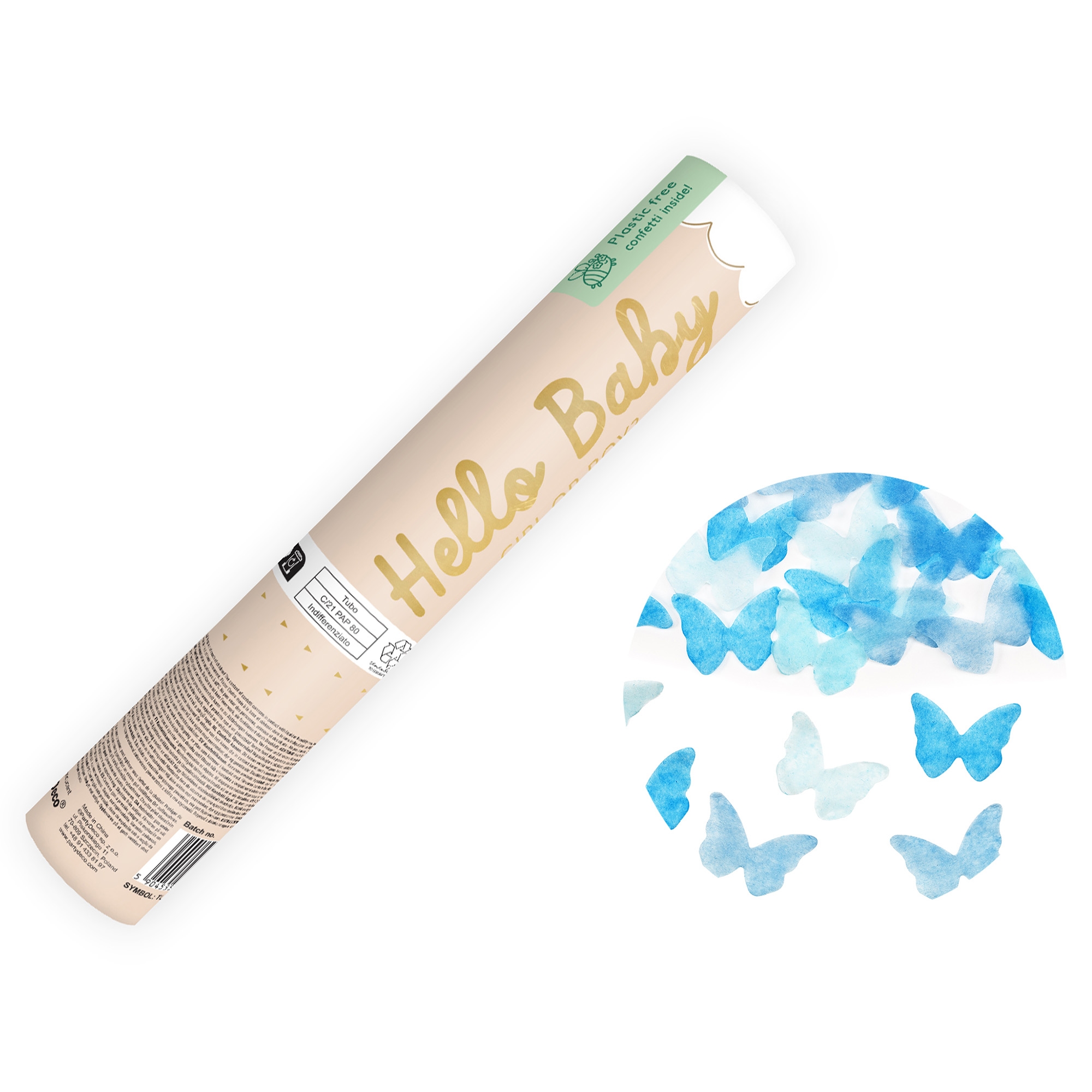 Konfetti Kanone Gender Reveal mit blauen Schmetterlingen, 20 cm Konfetti Kanone Gender Reveal mit blauen Schmetterlingen, 20 cm