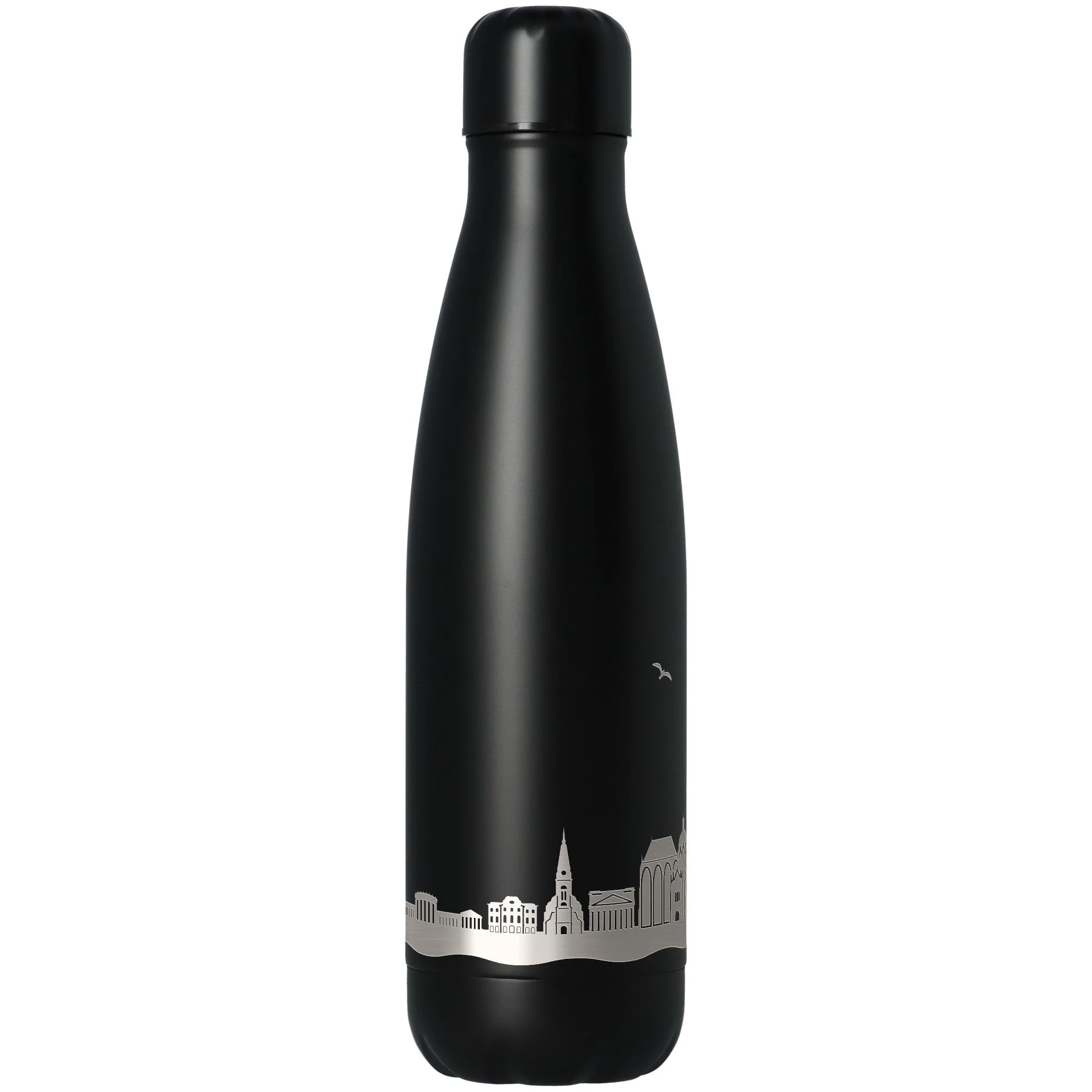 Thermflasche, Vakuumisoliert, Schwarz, Stadtlinie, Metallic-Design