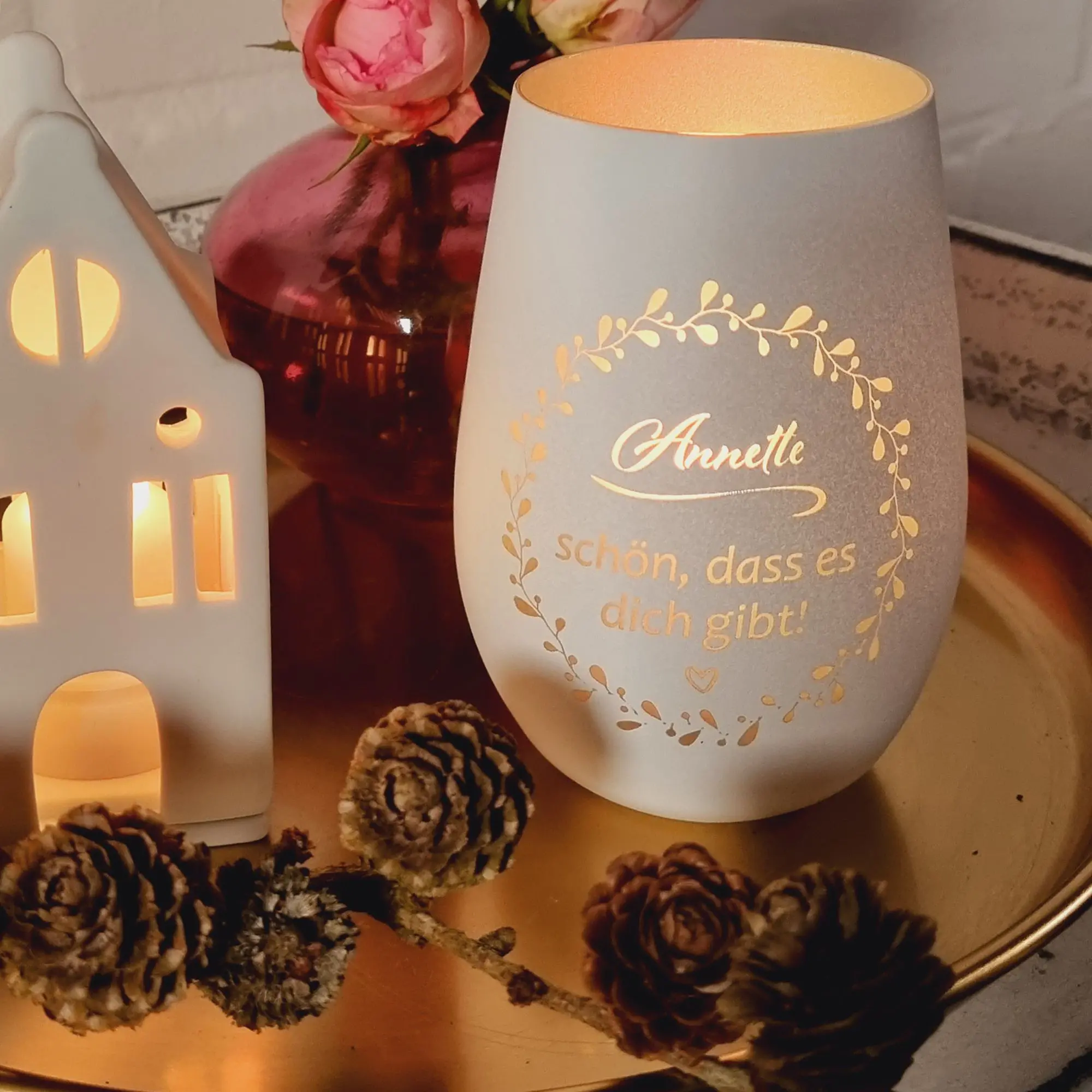 Windlicht Schön, dass es dich gibt "Name" Weiß/Bronze 465ml