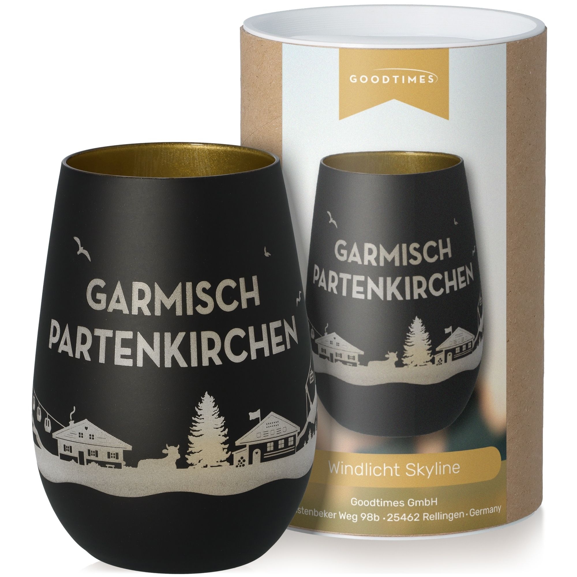 Windlicht Skyline Garmisch-Partenkirchen Schwarz/Gold Krug, Töpferei