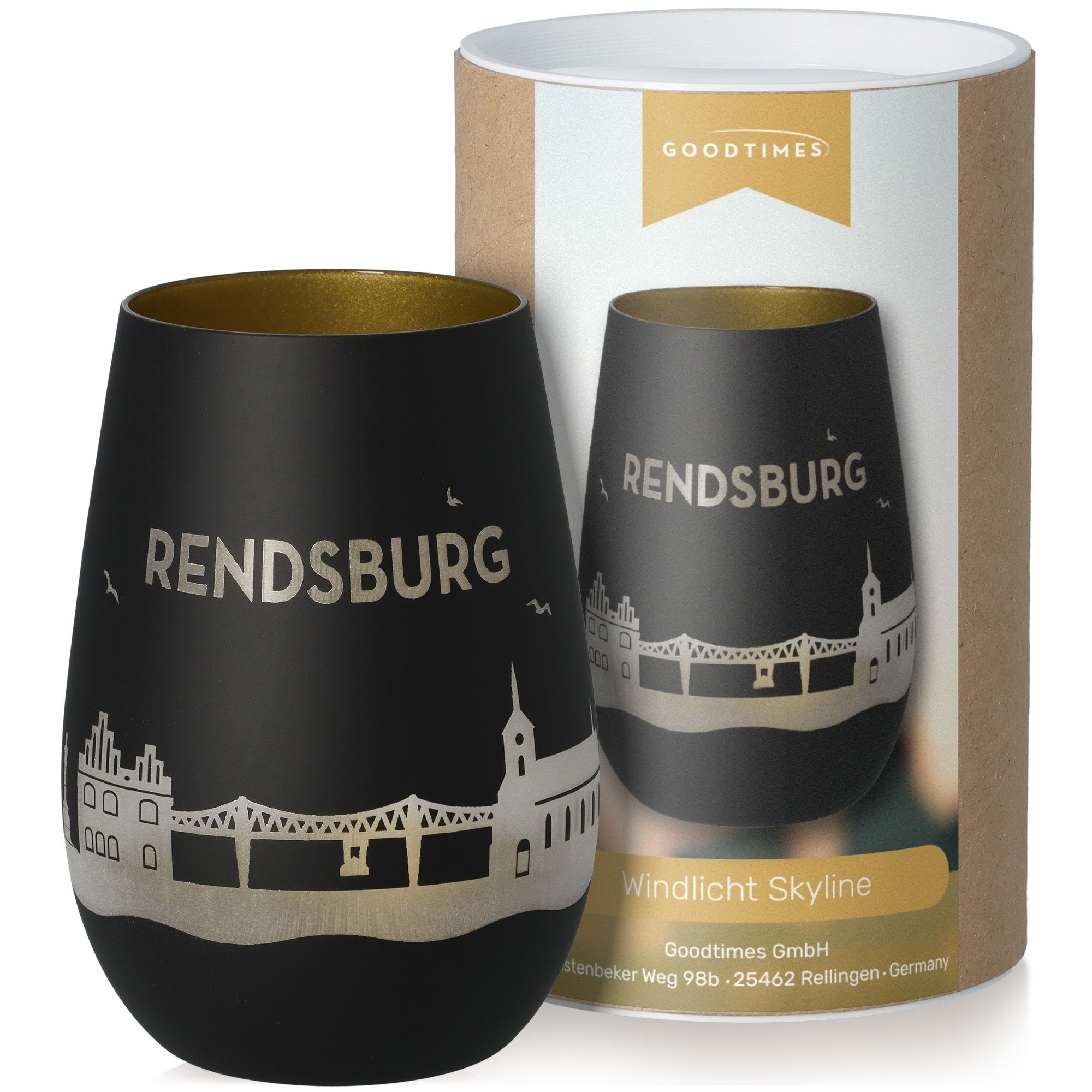 Windlicht Skyline Rendsburg Schwarz/Gold Krug, Töpferei