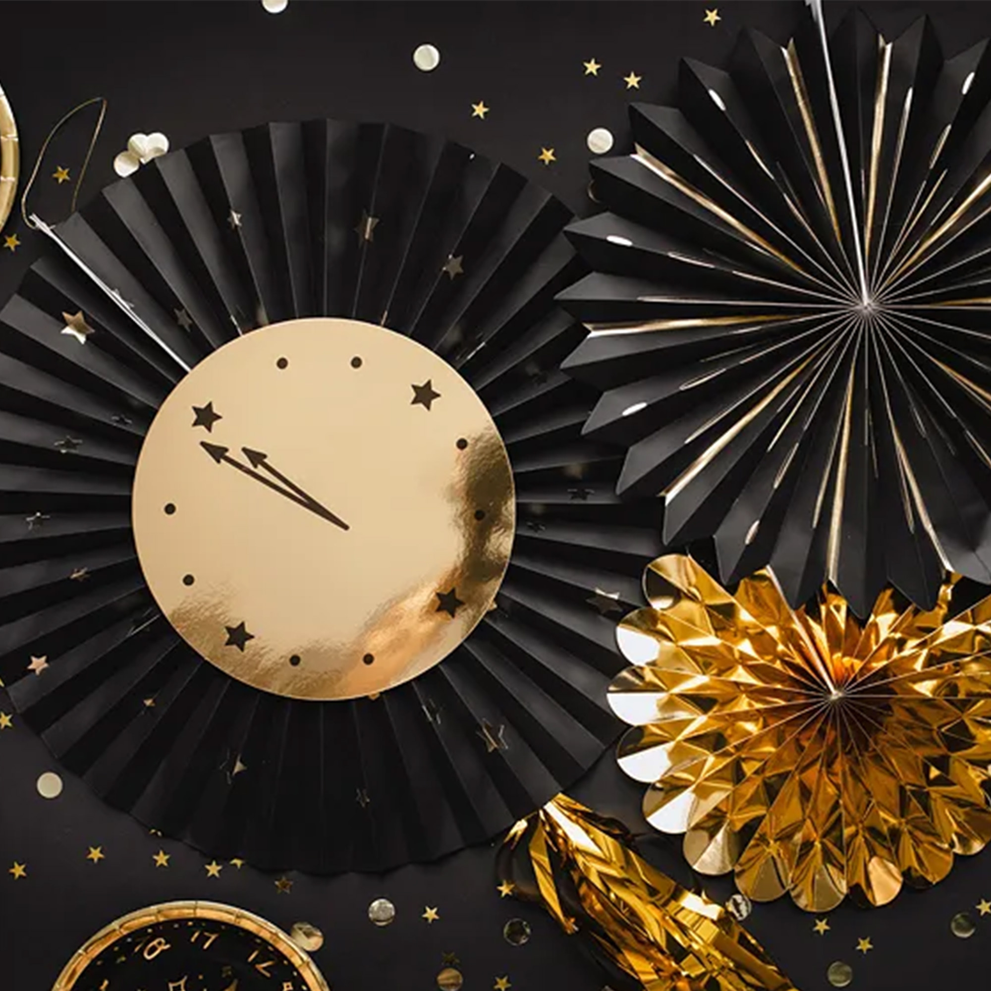 3 Silvester-Dekofächer mit Uhr, Schwarz & Gold Analoge Uhr, Uhr