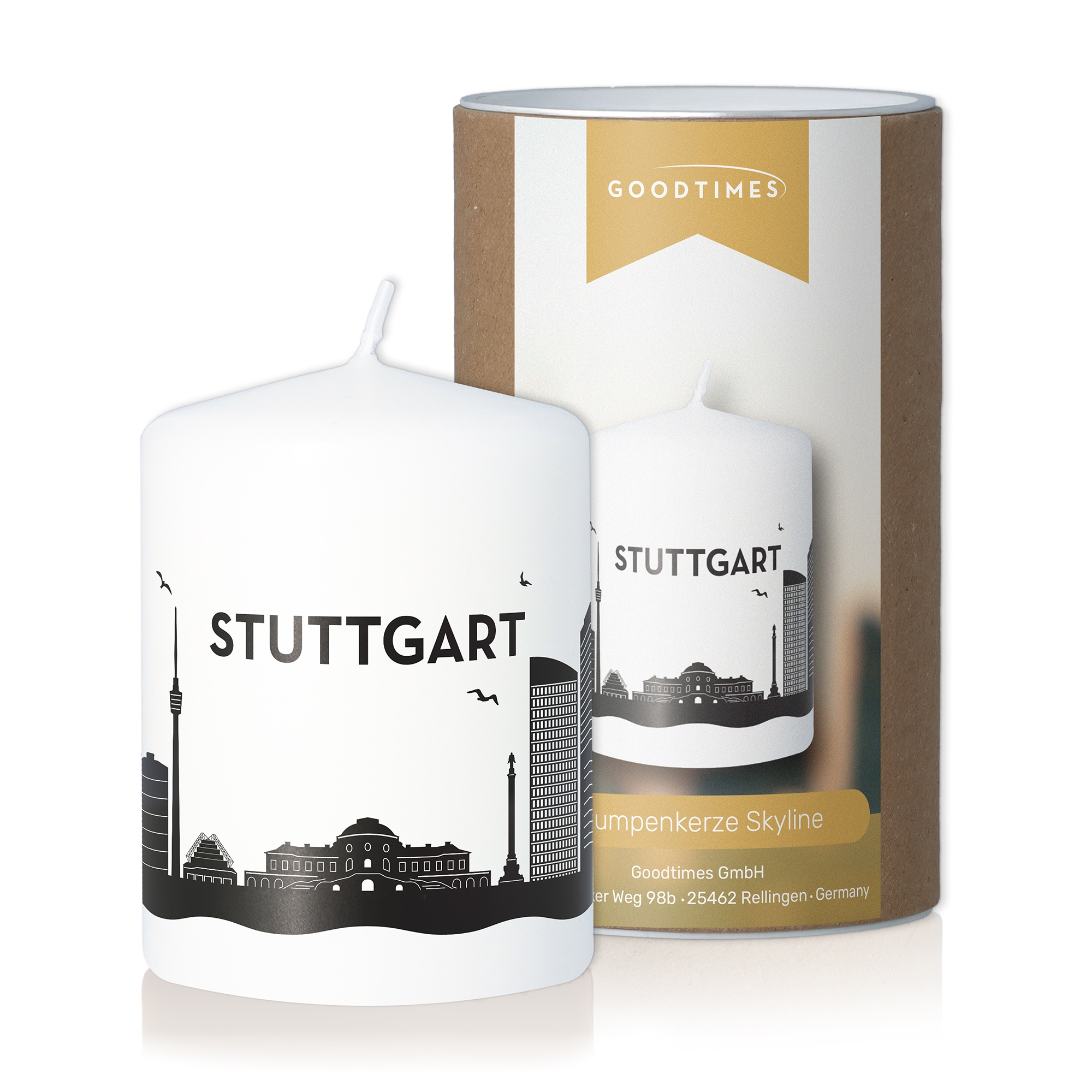 Stumpenkerze Skyline Stuttgart Weiß
