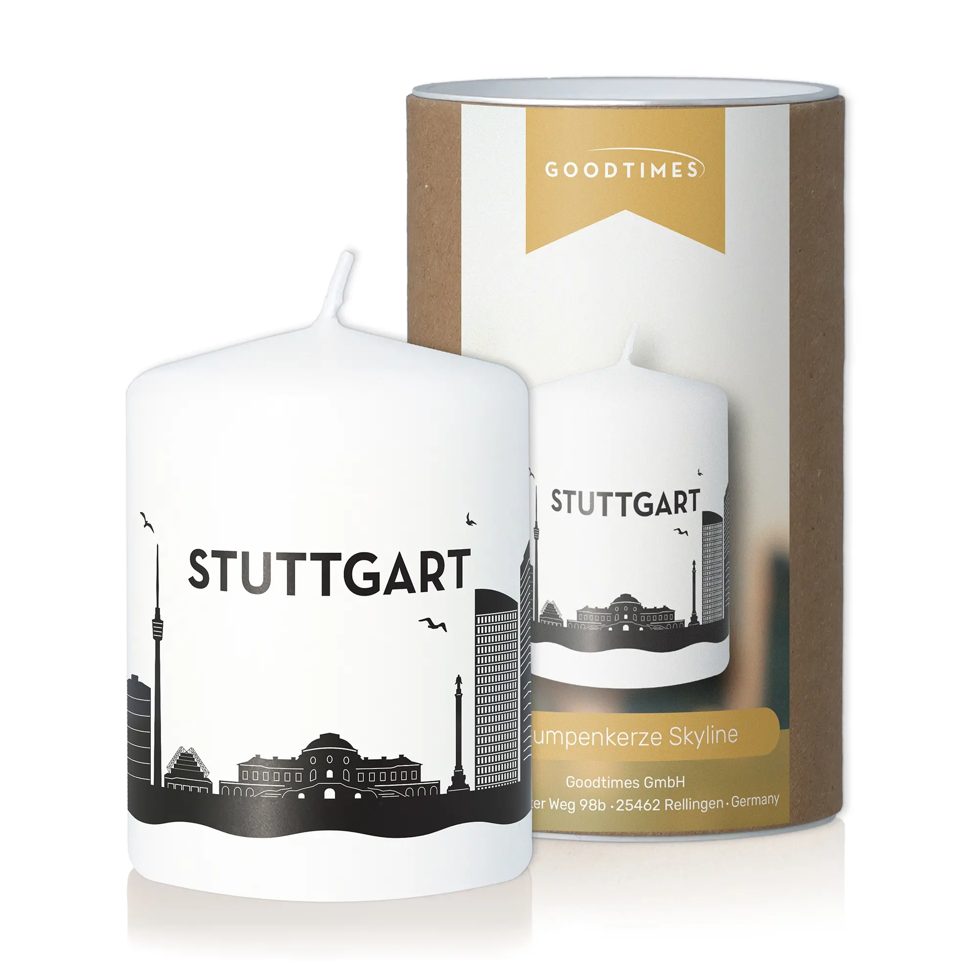 Stumpenkerze Skyline Stuttgart Weiß