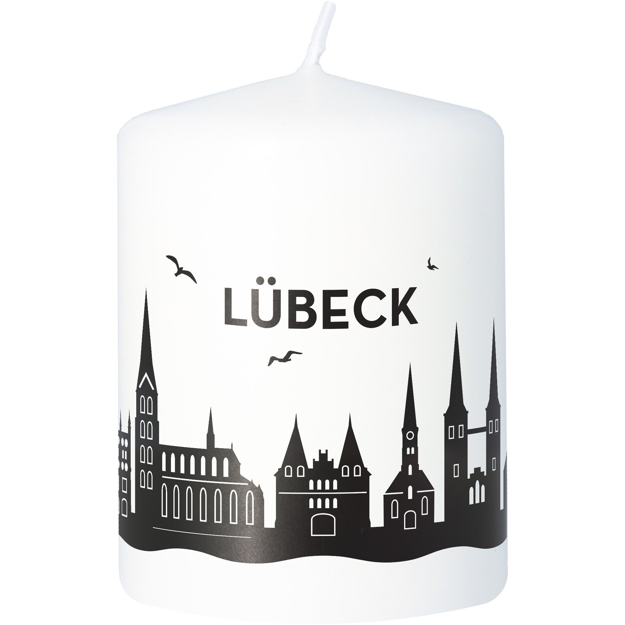 Stumpenkerze Skyline Lübeck Weiß